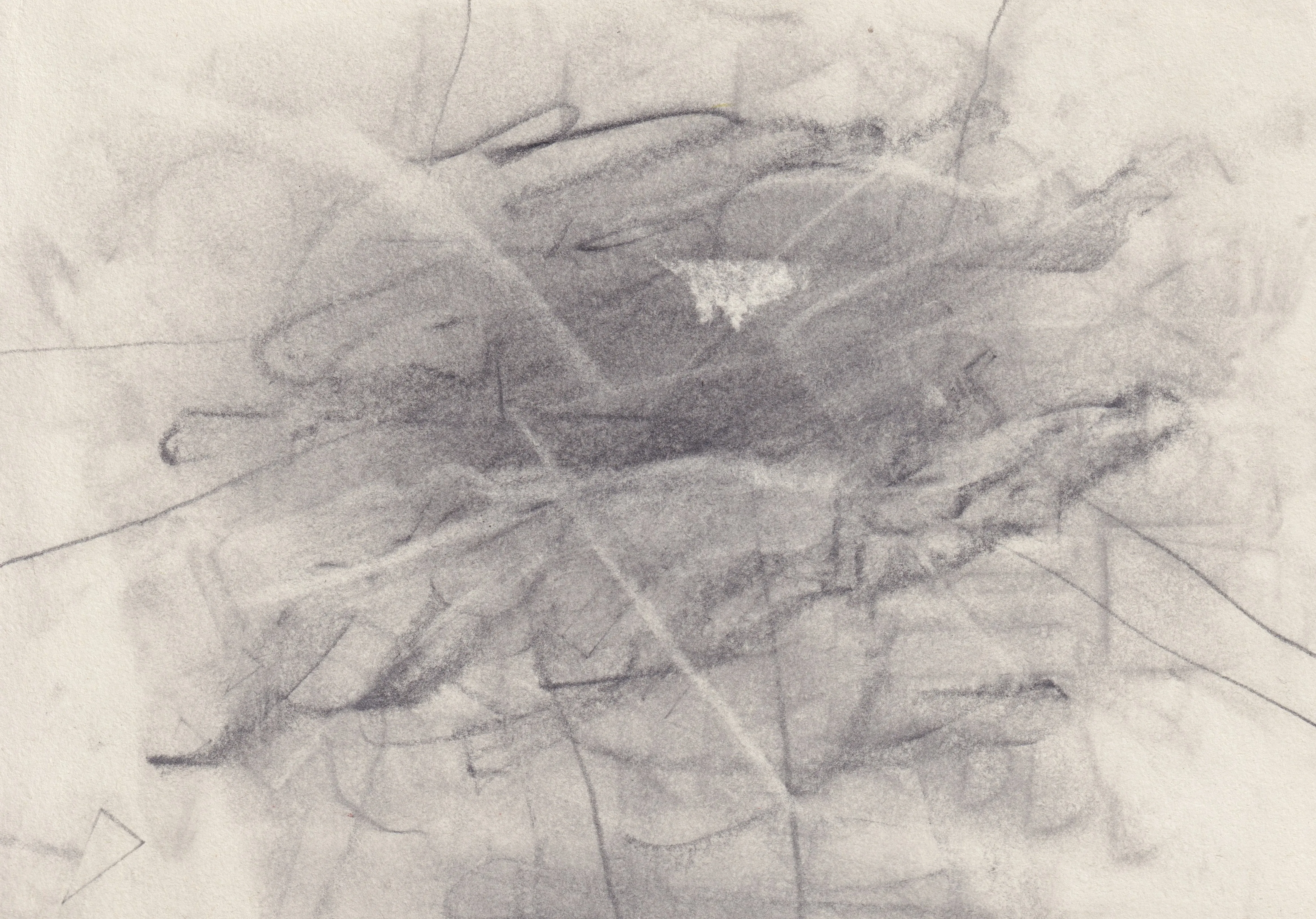 Tangle of smudged graphite lines on cream paper with a small patch of scraped white near the centre