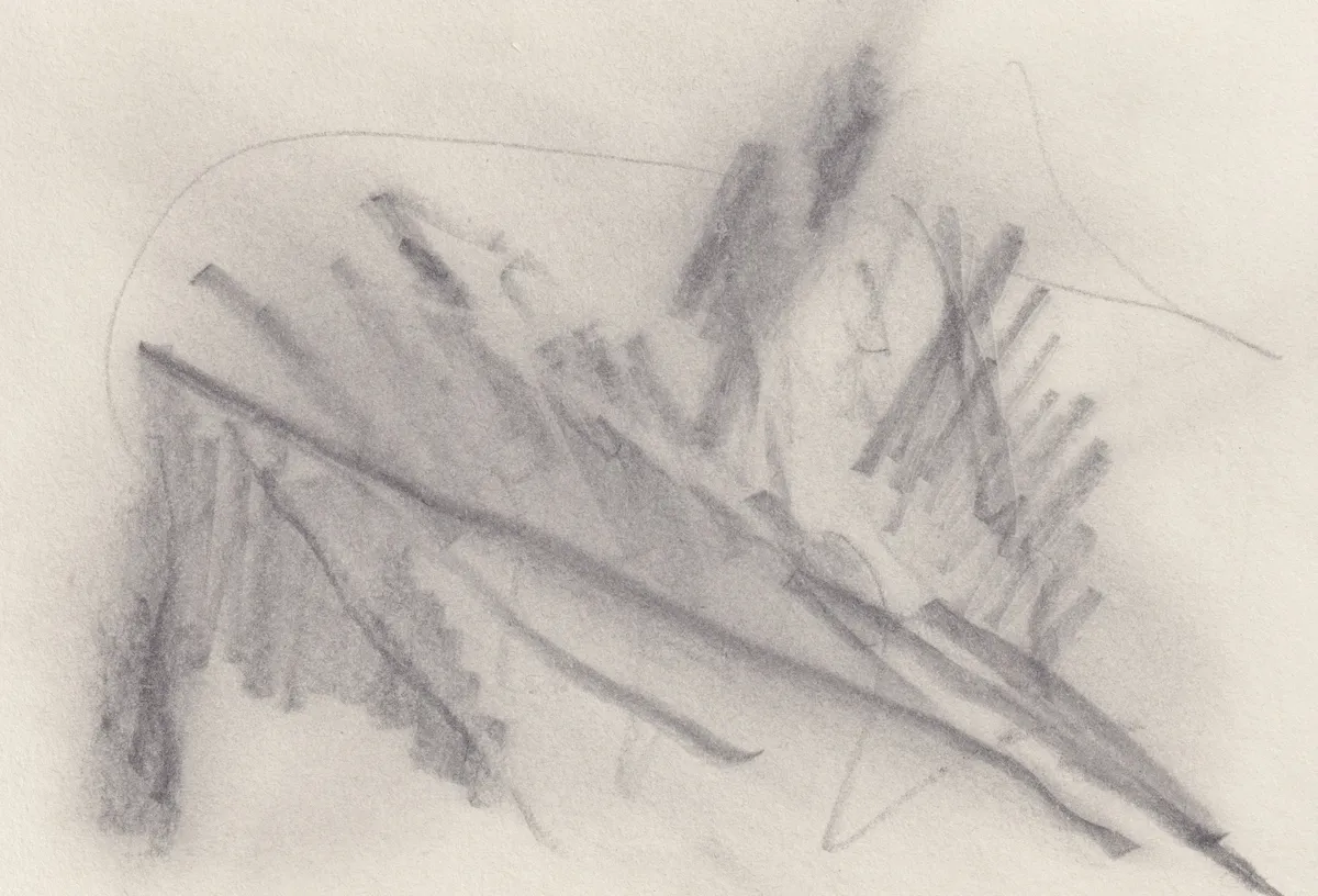Short hatched strokes fanning out above a long shallow diagonal line on cream paper
