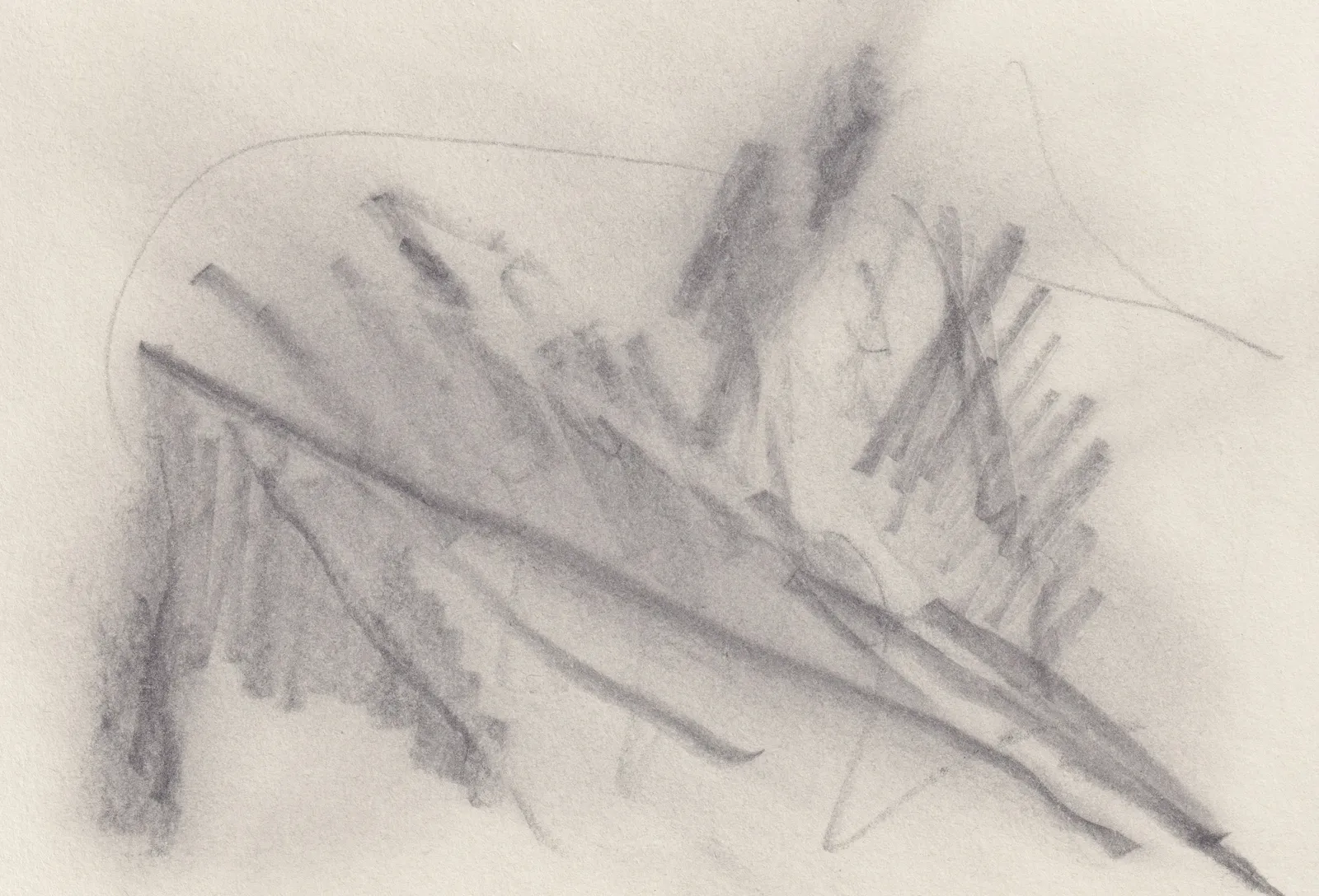 Short hatched strokes fanning out above a long shallow diagonal line on cream paper