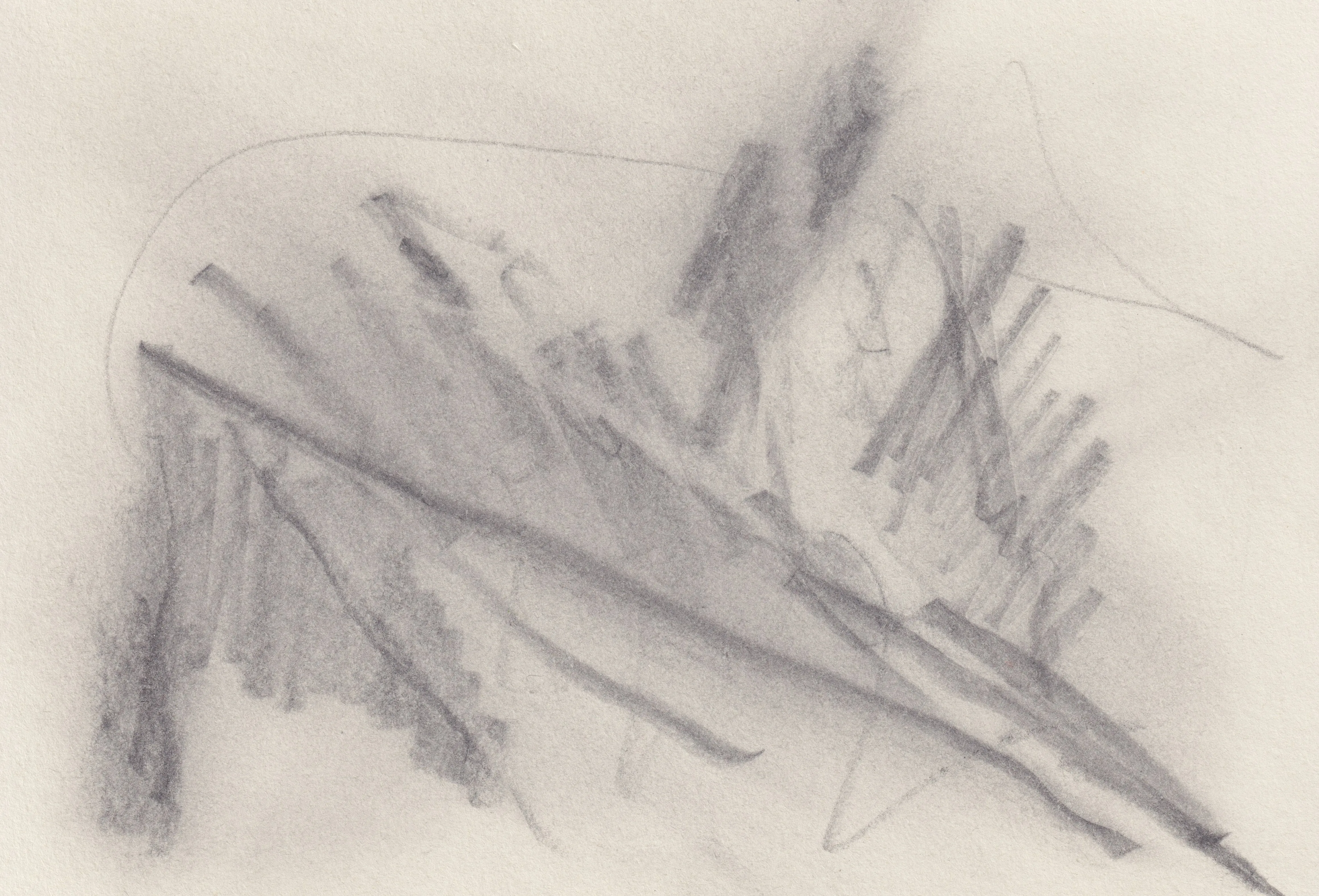 Short hatched strokes fanning out above a long shallow diagonal line on cream paper