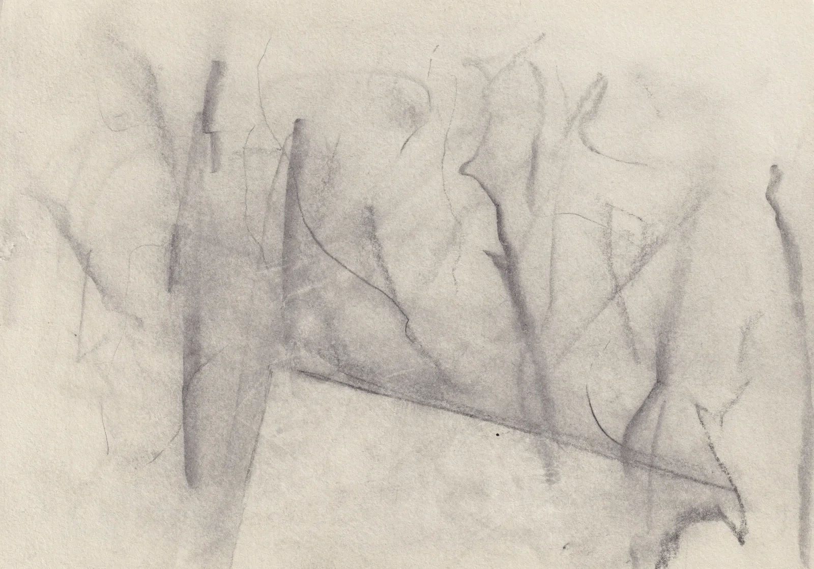 Faint horizontal graphite drawing on cream paper: branching lines around a long sail-like triangle