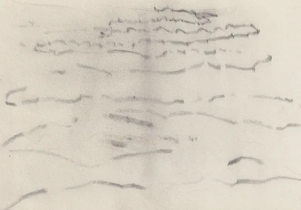 Cream paper with wavering horizontal rows of small broken marks