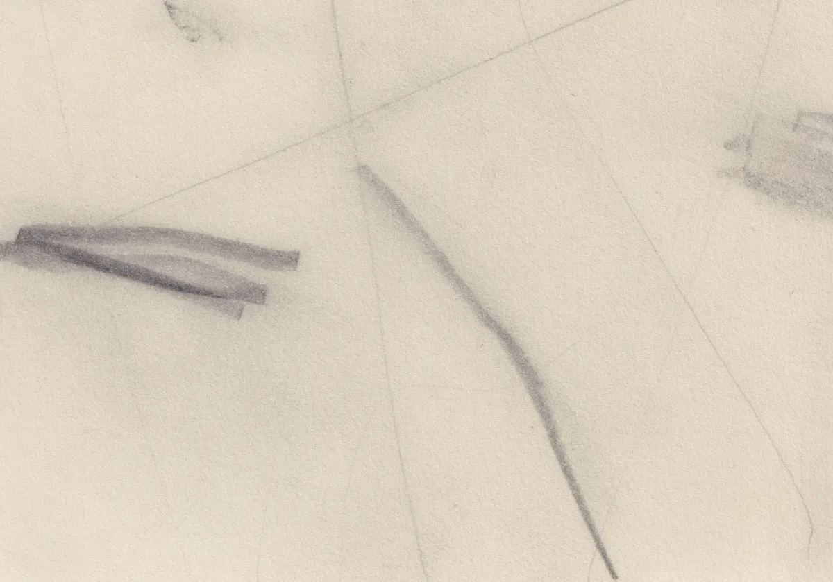 Sparse horizontal drawing on cream paper: a short dark stroke at the left, one curved line and faint ruled diagonals