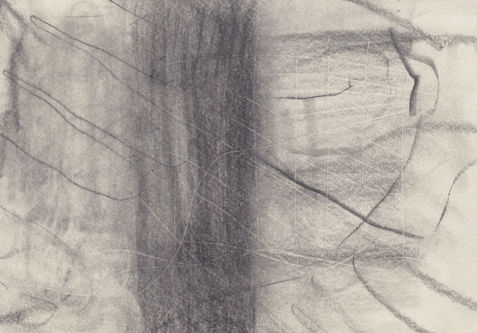 Graphite drawing on cream paper with a dense dark vertical band down the middle and thin horizontal lines to its right