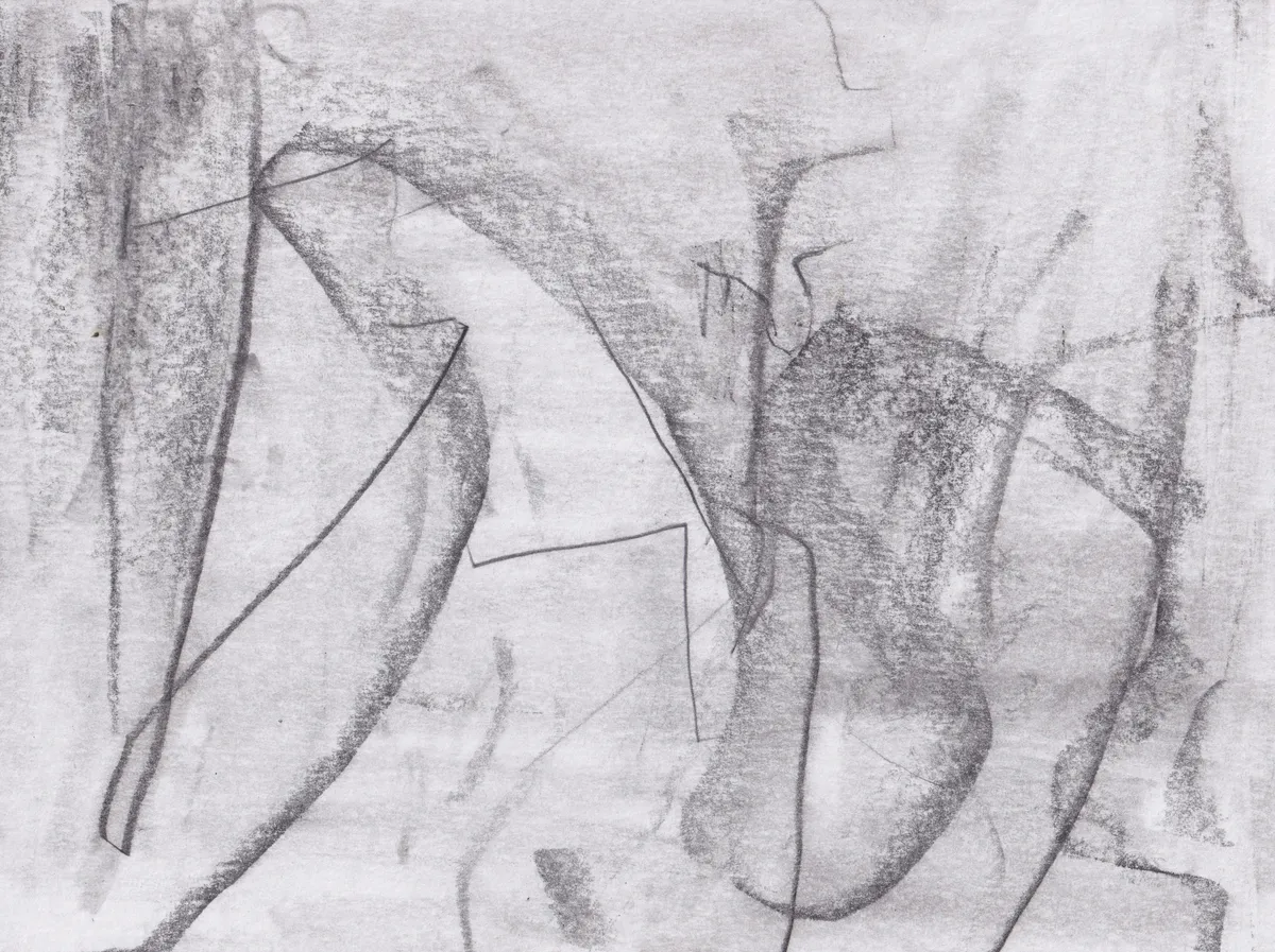 Graphite drawing on white paper: a leaf-like arc on the left and a rounded column shape on the right