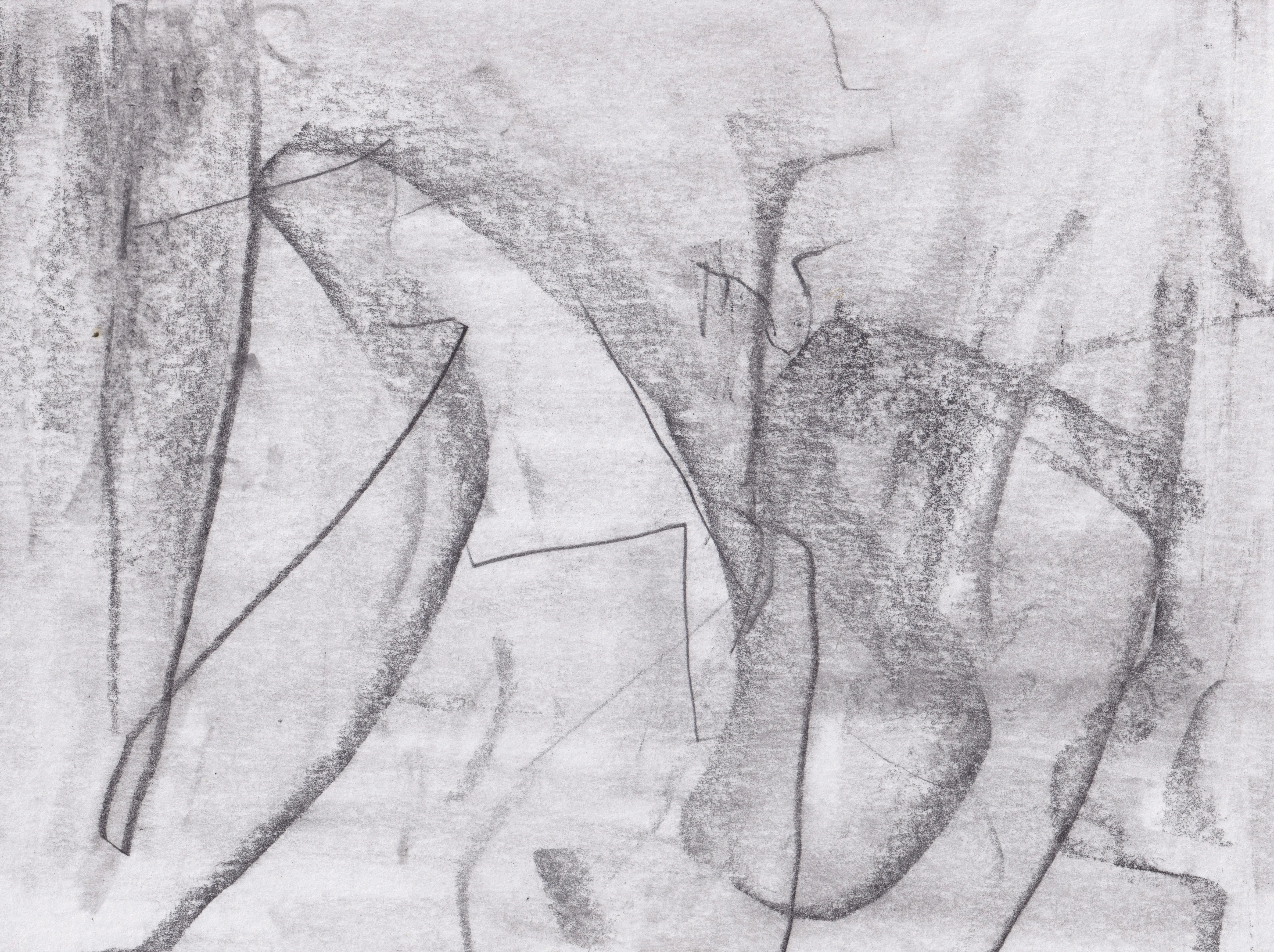 Graphite drawing on white paper: a leaf-like arc on the left and a rounded column shape on the right