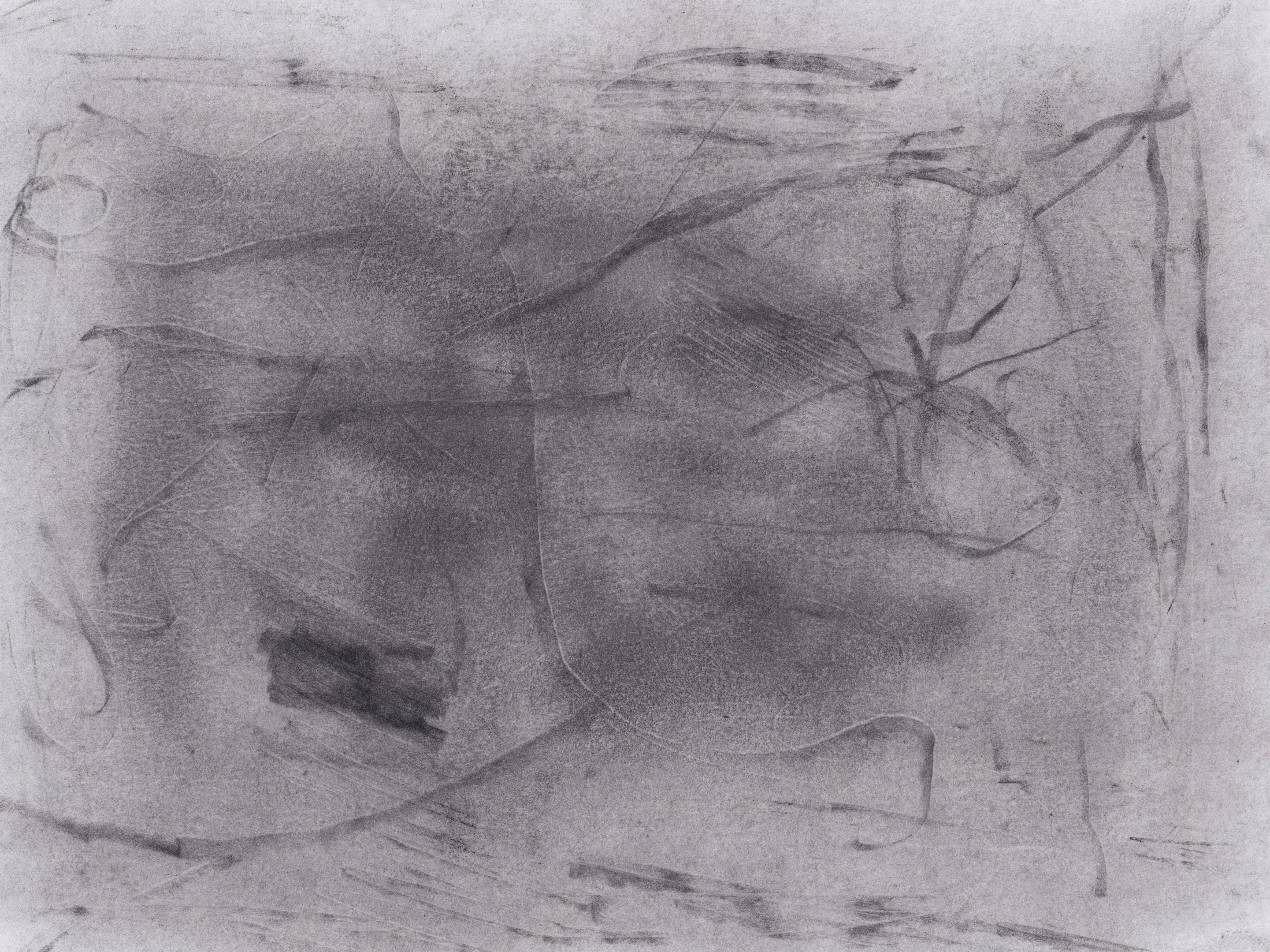 Dark smudged graphite field on white paper with thin scratched lines and a small black bar at lower left
