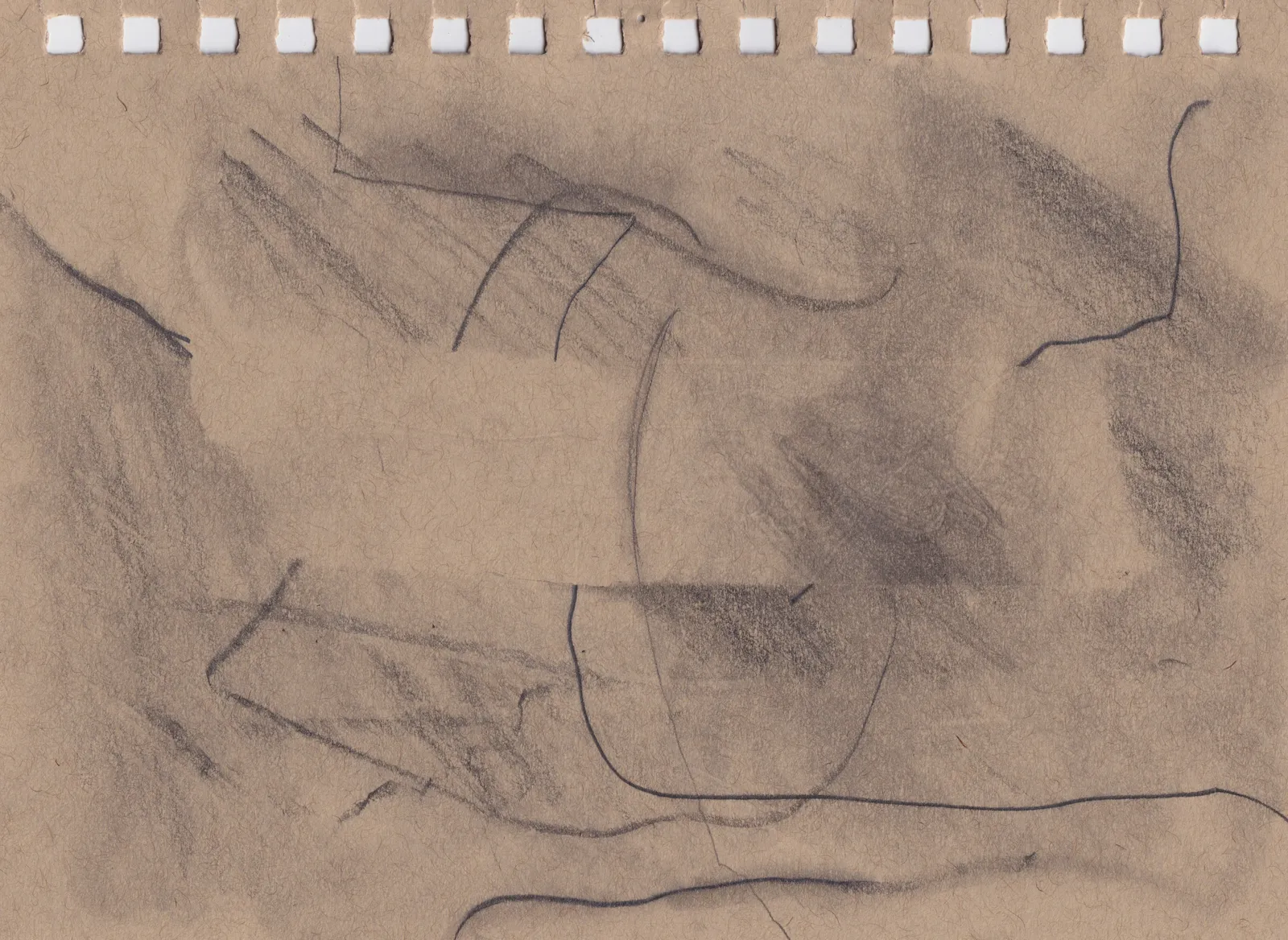 Pencil drawing on a brown sketchbook page with torn spiral-binding holes along the top edge