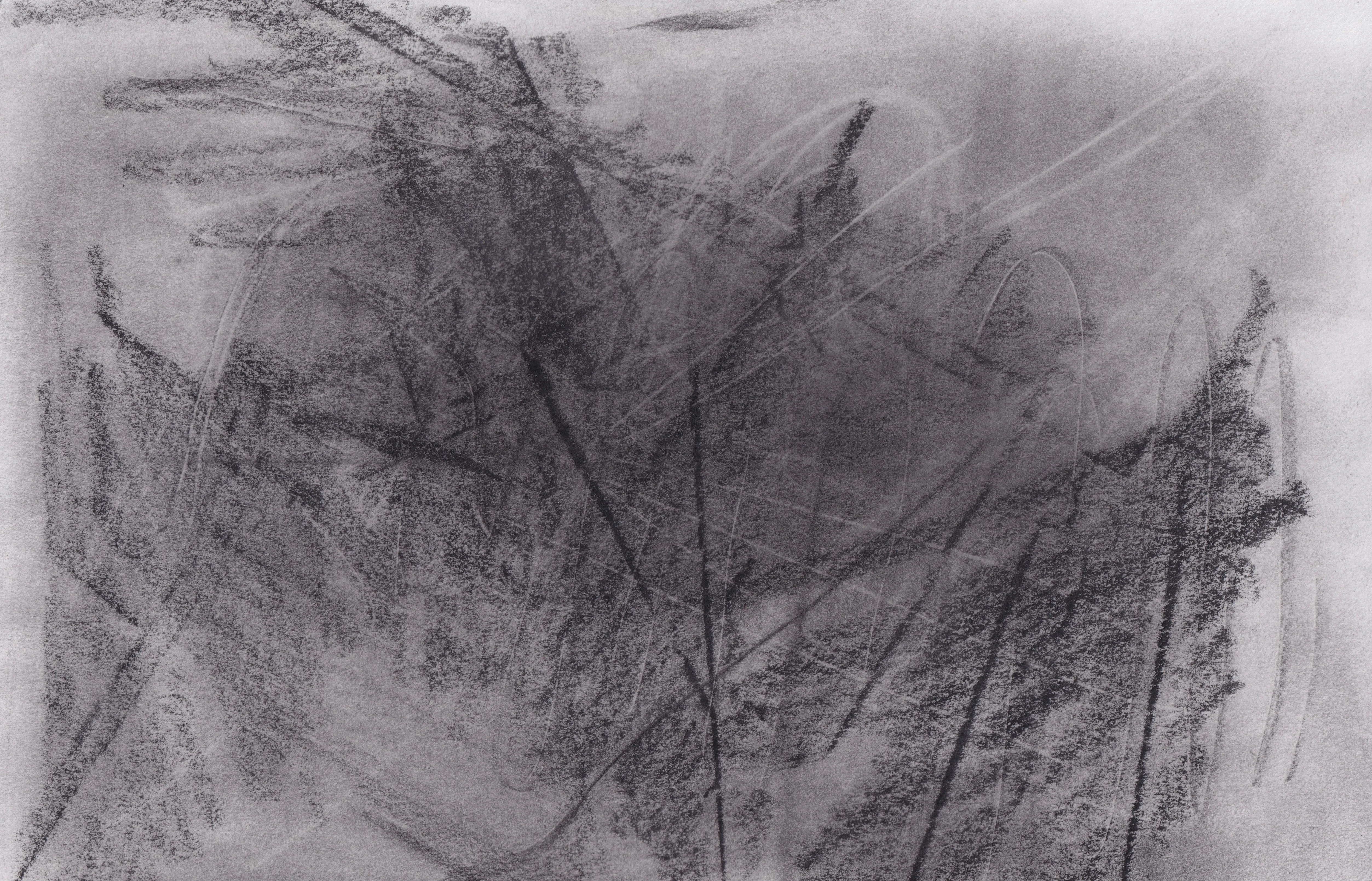 Heavy dark graphite hatching on white paper, crossed by thin straight lines, with a lighter haze at upper right