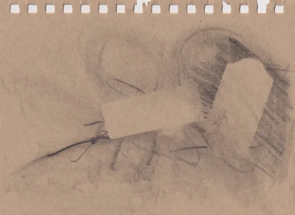 Pencil drawing on a brown sketchbook page: two bare blocks of paper left clear among soft shading and hatching, with a few dark looping lines and torn spiral-binding holes along the top edge