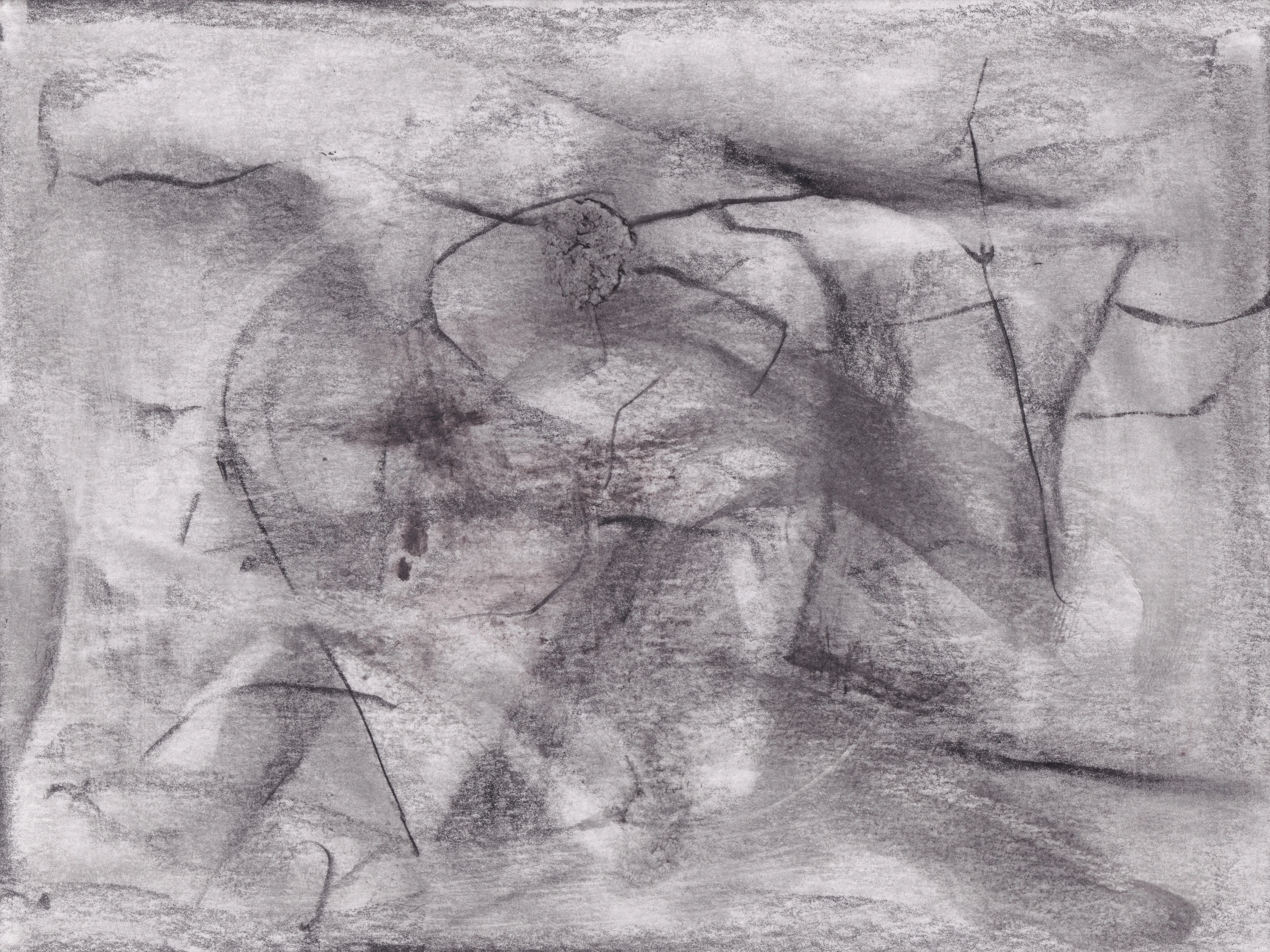 Graphite drawing on white paper: smudged grey shapes crossed by thin dark lines, with a small crumbled dark knot near the top centre
