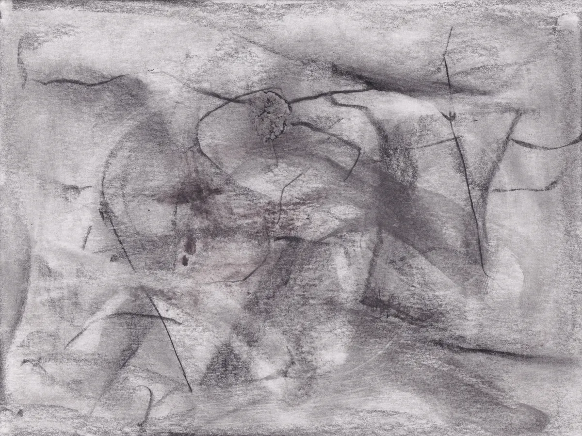 Graphite drawing on white paper: smudged grey shapes crossed by thin dark lines, with a small crumbled dark knot near the top centre