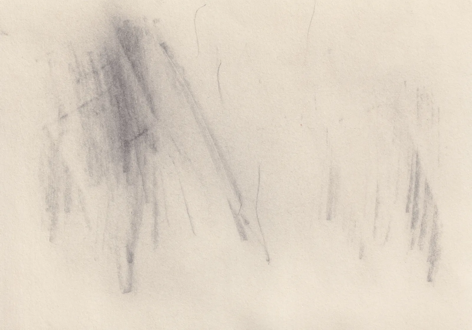Pale graphite drawing on cream paper: a dark smudged column of slanting strokes at the left and a thinner cluster of vertical marks at the right, with open paper between