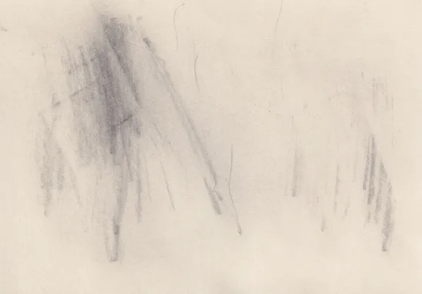 Pale graphite drawing on cream paper: a dark smudged column of slanting strokes at the left and a thinner cluster of vertical marks at the right, with open paper between
