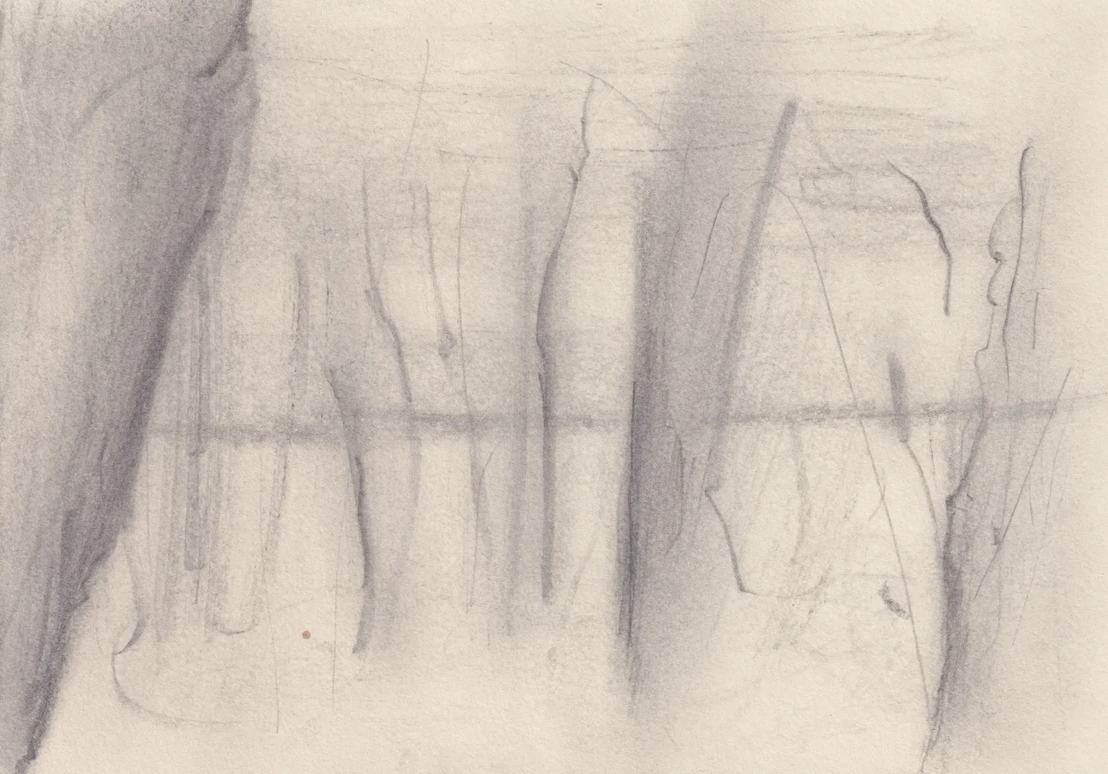 Graphite drawing on cream paper: a dark slanting band at the left and a row of tall, uneven vertical shapes cut across by one horizontal line