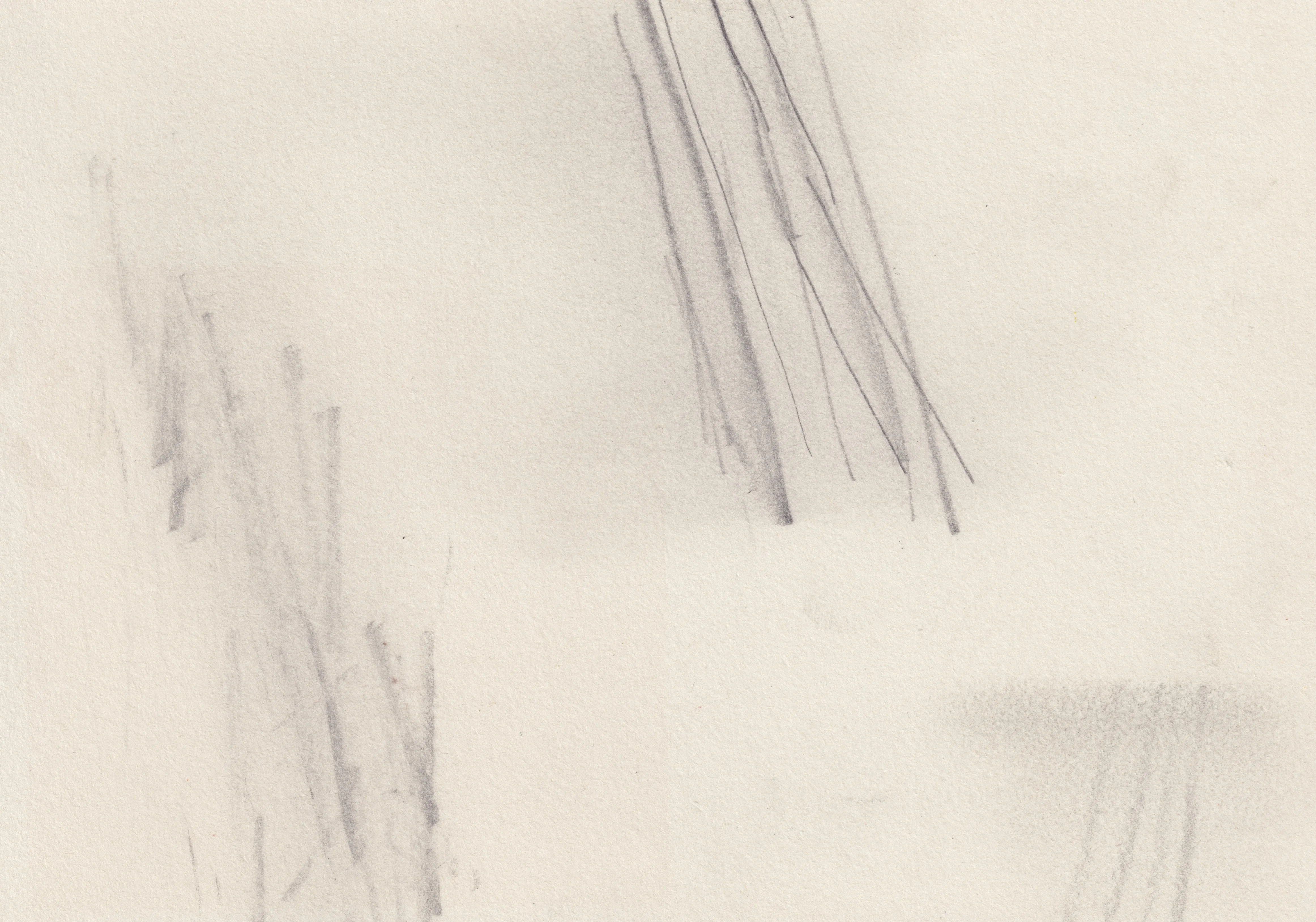 Sparse graphite drawing on cream paper: a fan of long straight lines slanting down from the top edge, a faint hatched patch at lower left and a soft grey smudge at lower right