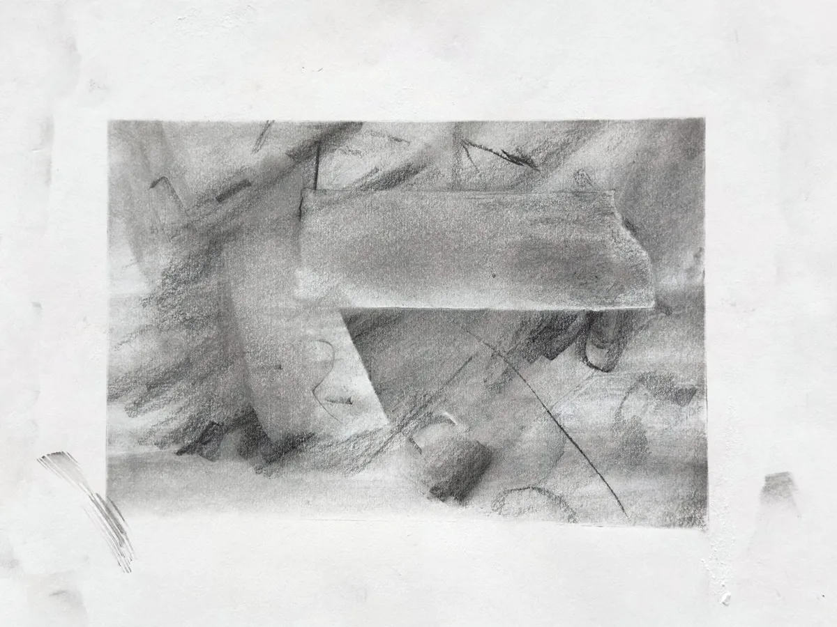 Graphite drawing on white paper: a pale shaded bar laid across the upper half over a slanting upright form, among loose scribbles and a long thin diagonal line