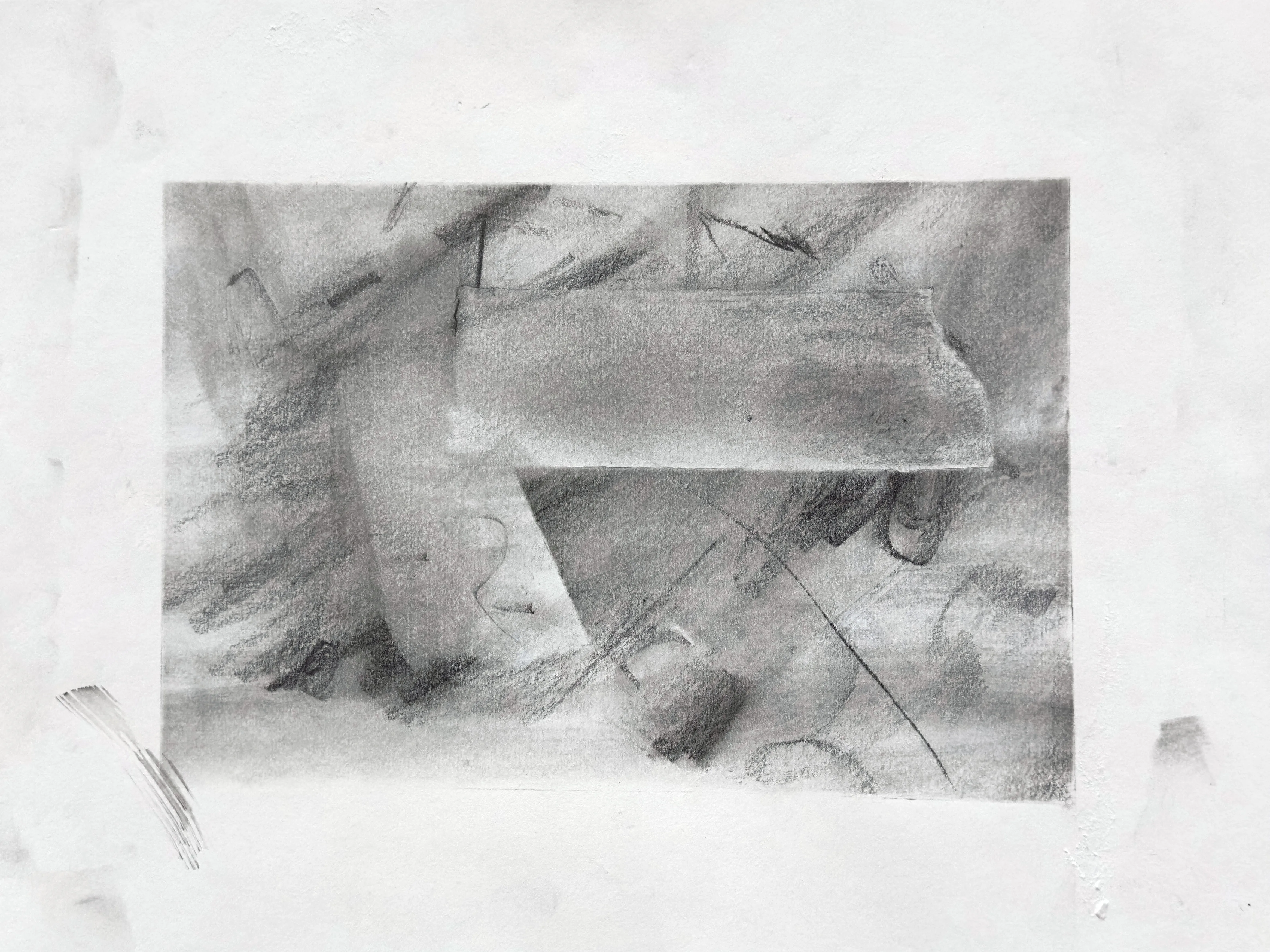 Graphite drawing on white paper: a pale shaded bar laid across the upper half over a slanting upright form, among loose scribbles and a long thin diagonal line
