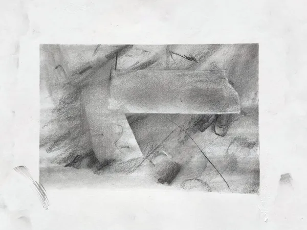 Graphite drawing on white paper: a pale shaded bar laid across the upper half over a slanting upright form, among loose scribbles and a long thin diagonal line
