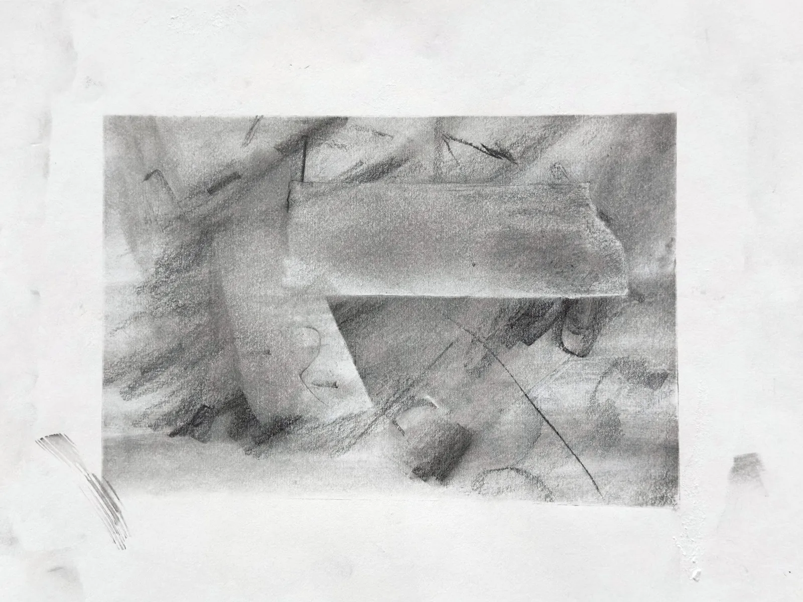 Graphite drawing on white paper: a pale shaded bar laid across the upper half over a slanting upright form, among loose scribbles and a long thin diagonal line
