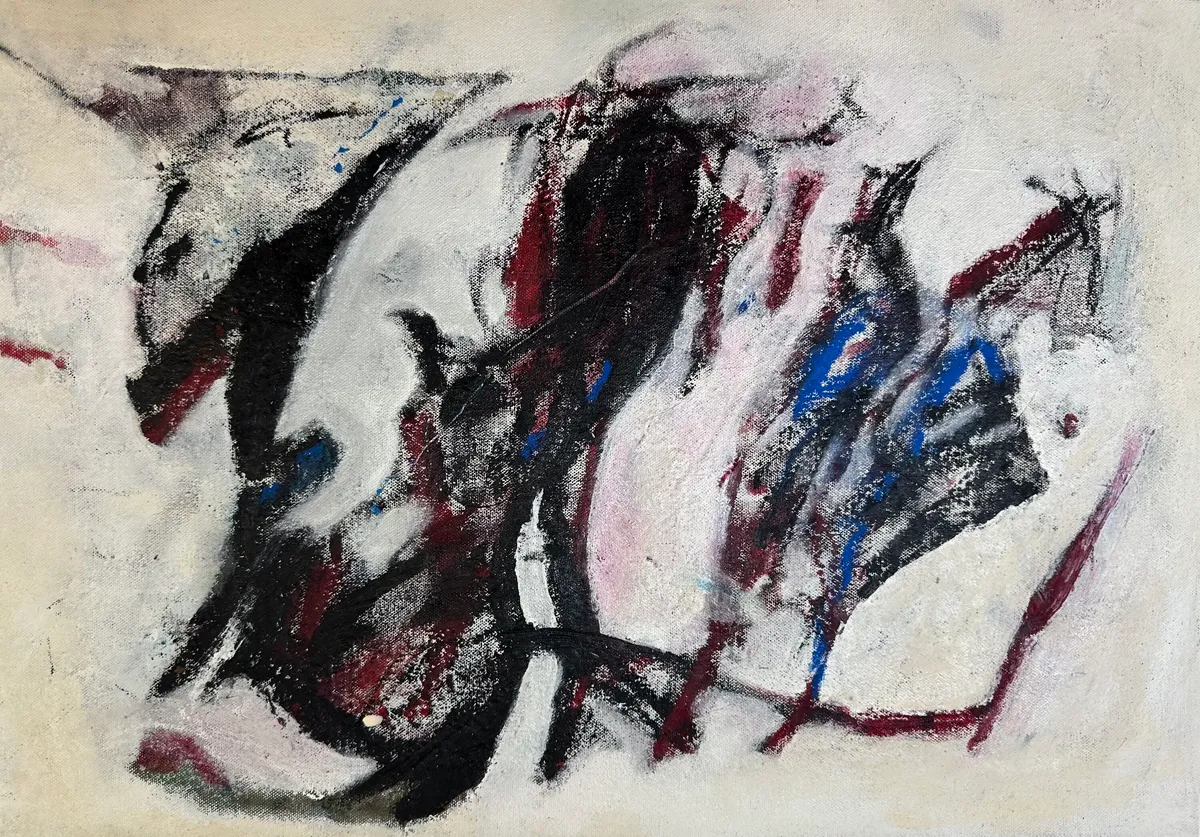 Rough black, maroon and blue marks swept across an off-white ground