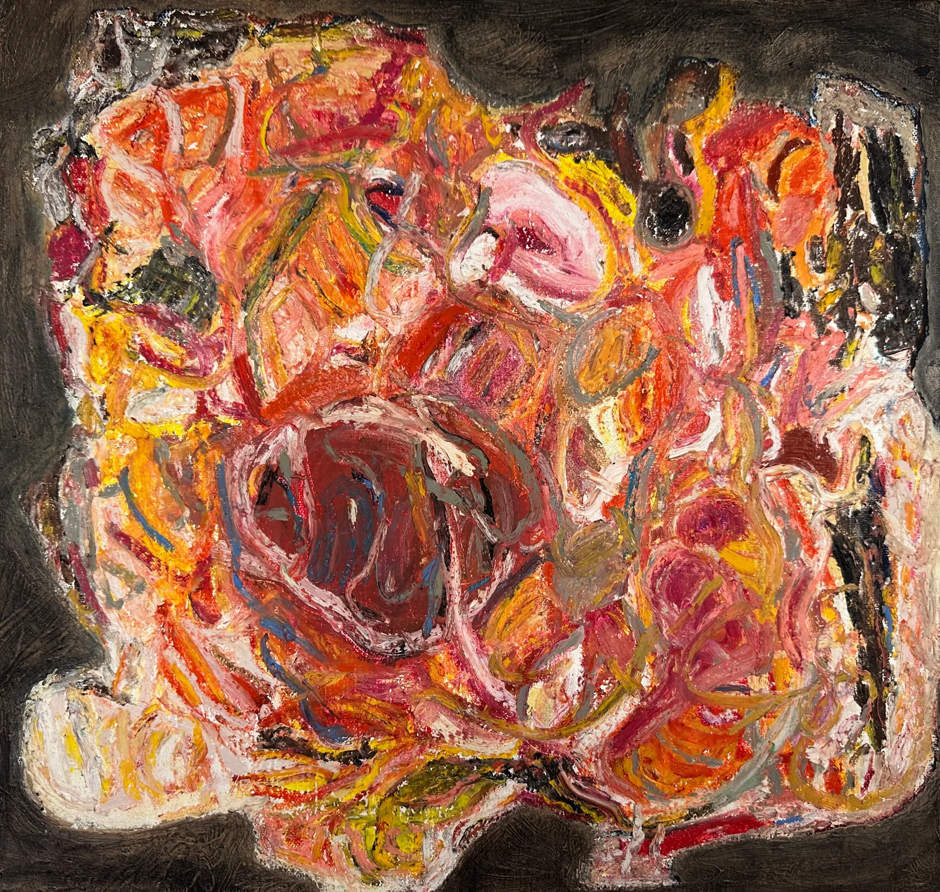 A thick, knotted mass of orange, pink, red and yellow loops around a dark centre, on a black ground