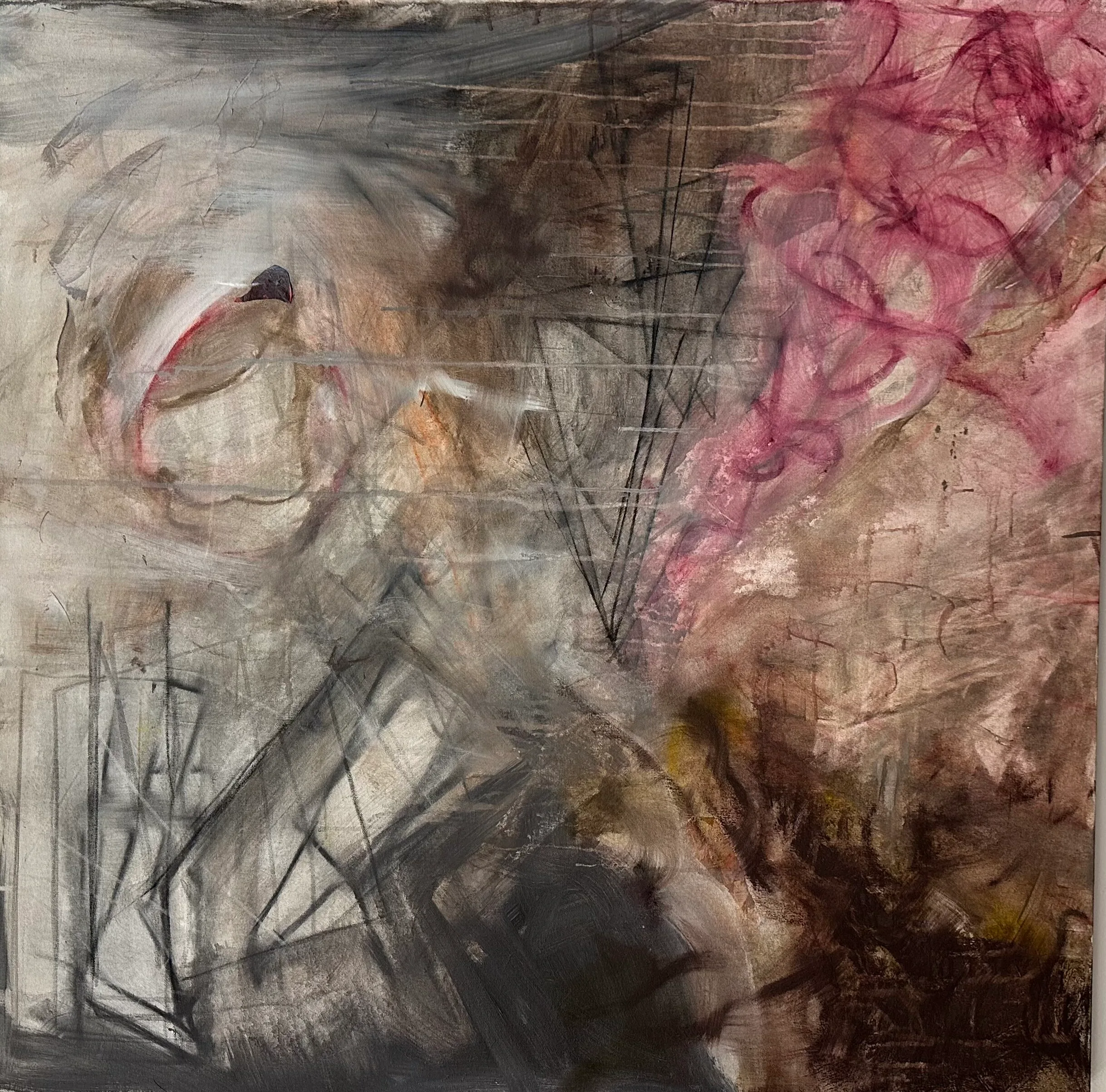 Smoky grey and brown ground with black charcoal lines and a cloud of pink scribbles at the upper right