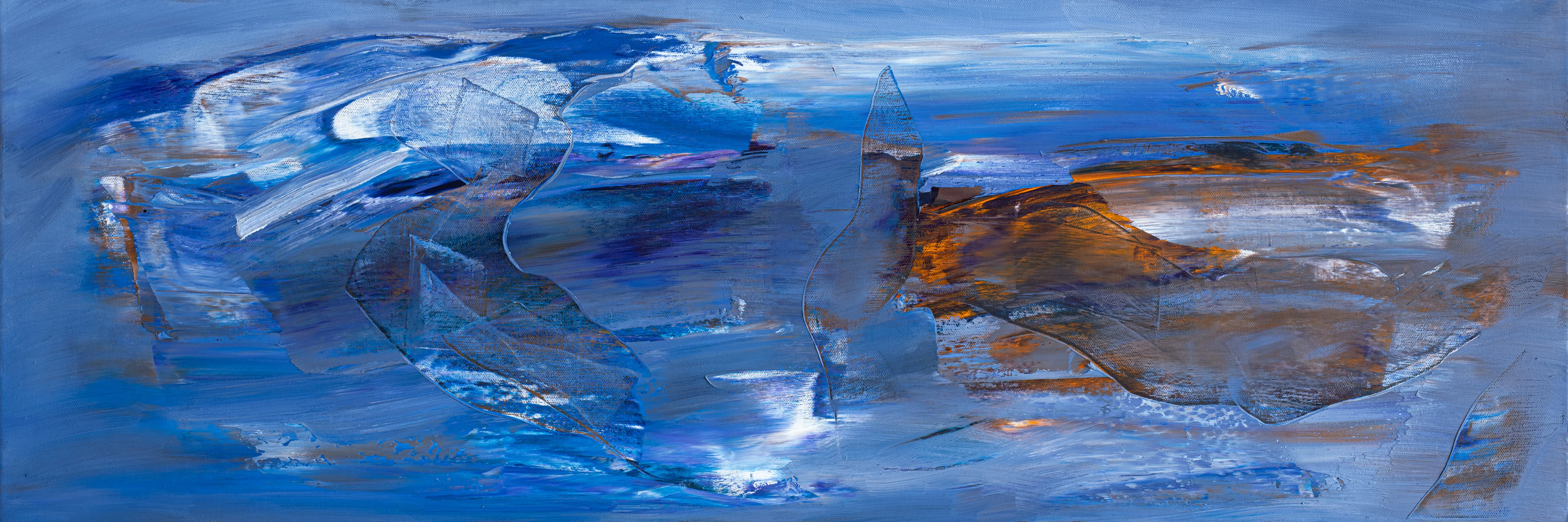 Long abstract of swirling blue strokes with a streak of ochre