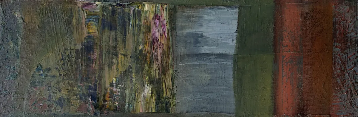 Long panel of upright bands in rust, green, grey, and ochre
