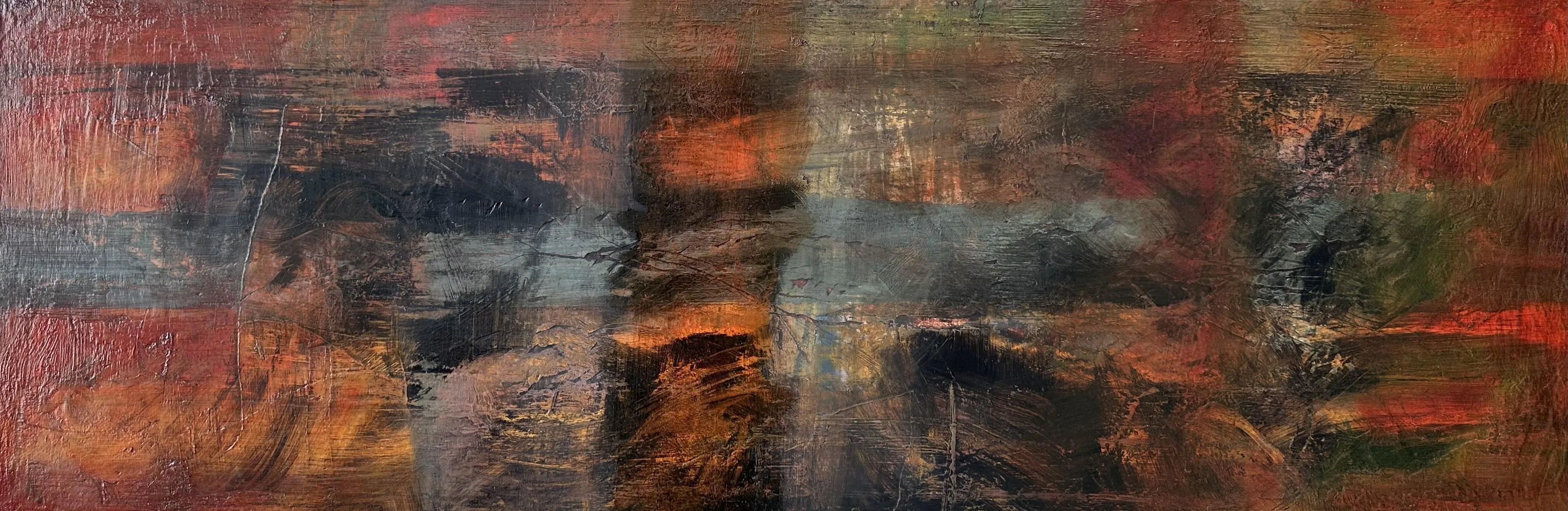 Long abstract of broken orange and black horizontal marks