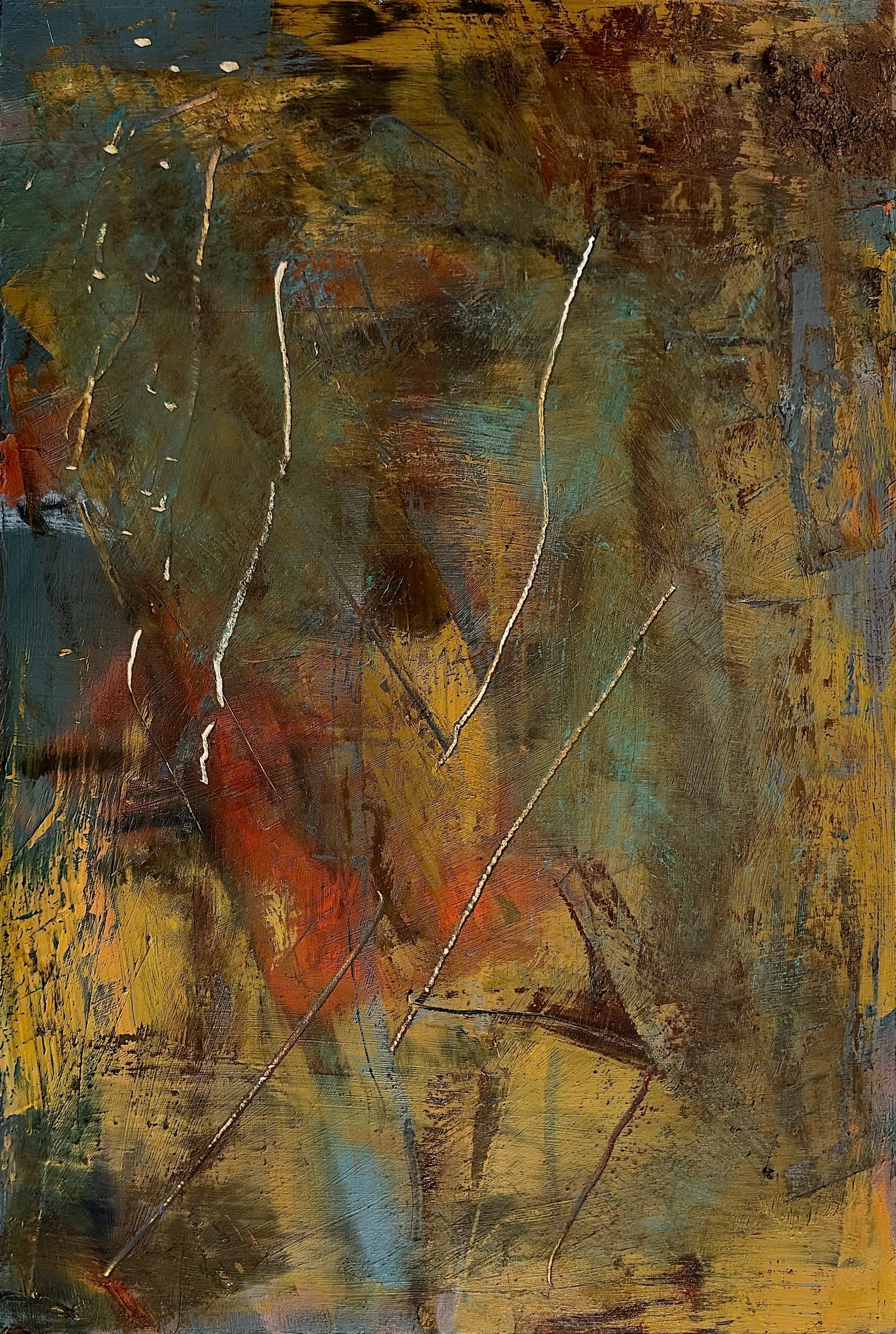 Tall ochre and teal abstract with fine scratched lines