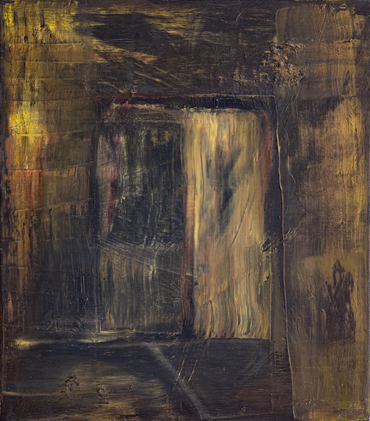 Dark ochre abstract with a glowing yellow door-like shape