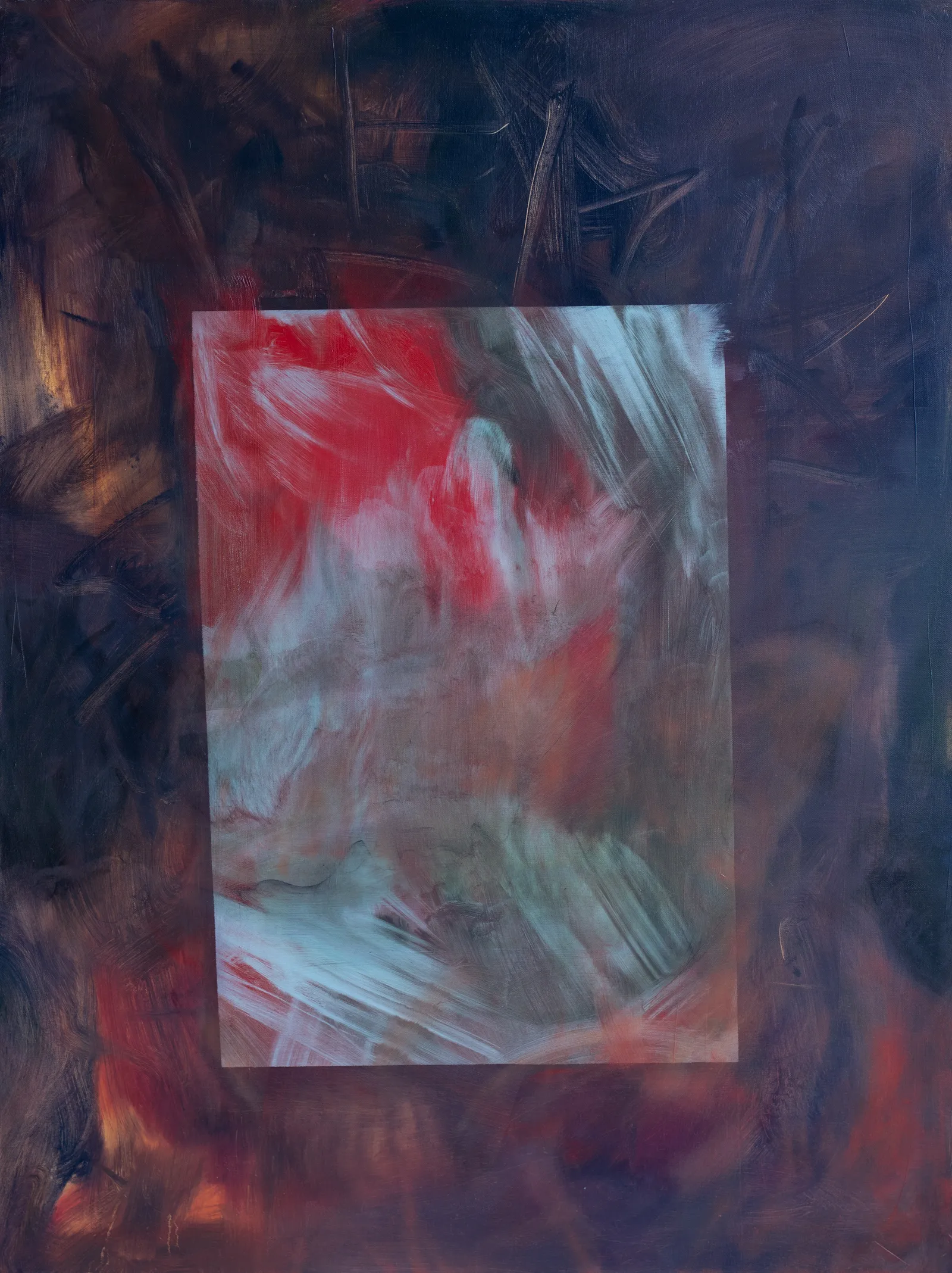 Dark brown field framing a rectangle of red and white strokes