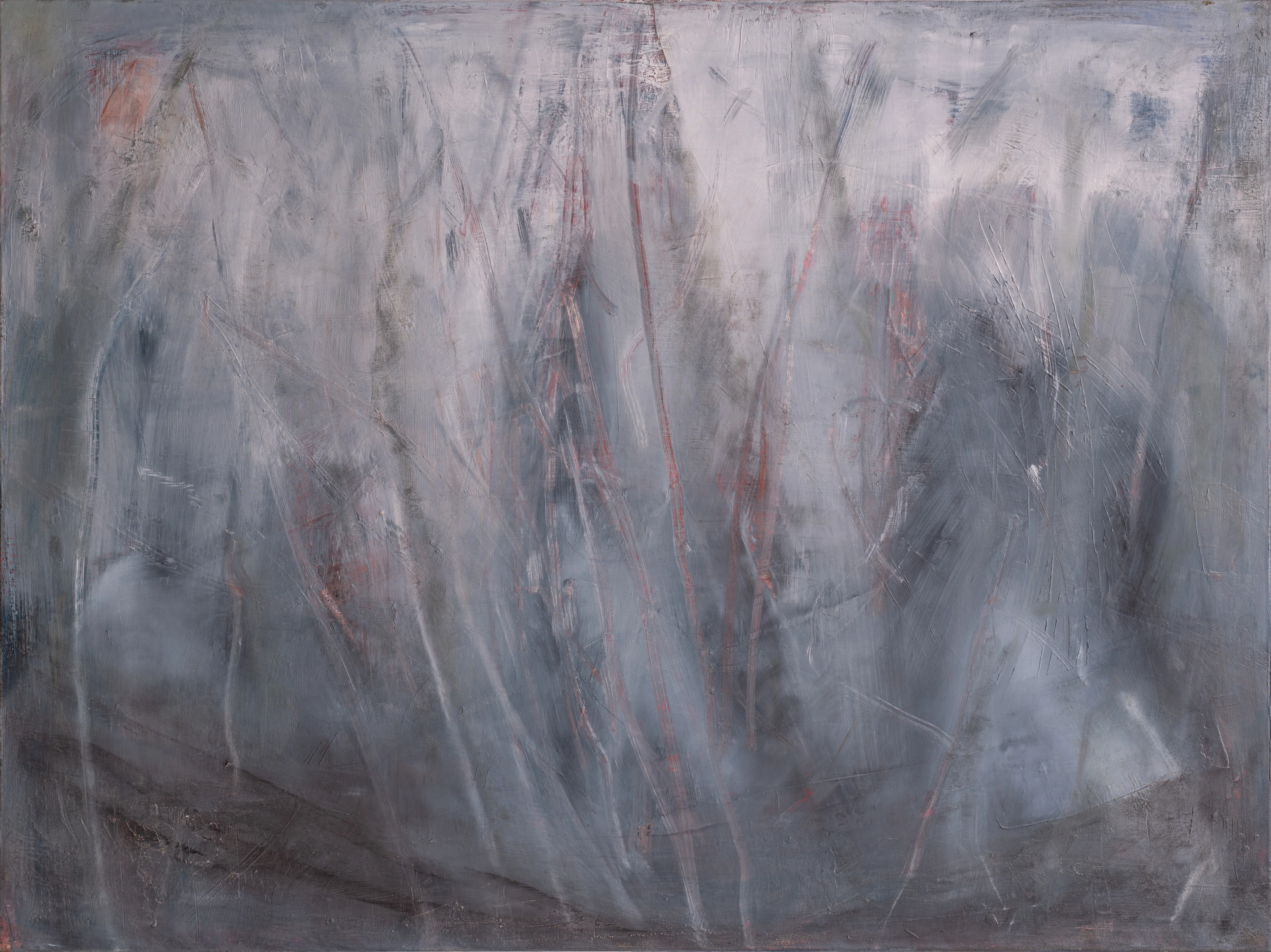 Wide pale blue-grey canvas veiled in soft white strokes with faint scratched lines