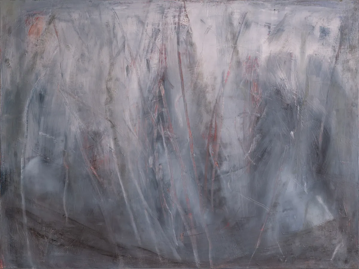 Wide pale blue-grey canvas veiled in soft white strokes with faint scratched lines