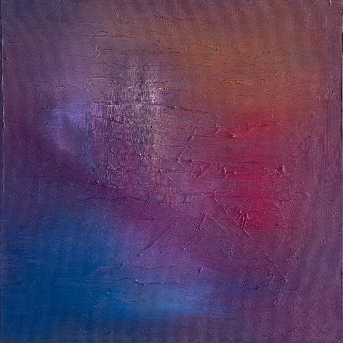 Canvas fading from purple at the top to red at the right and blue at the lower left, with scratched horizontal lines
