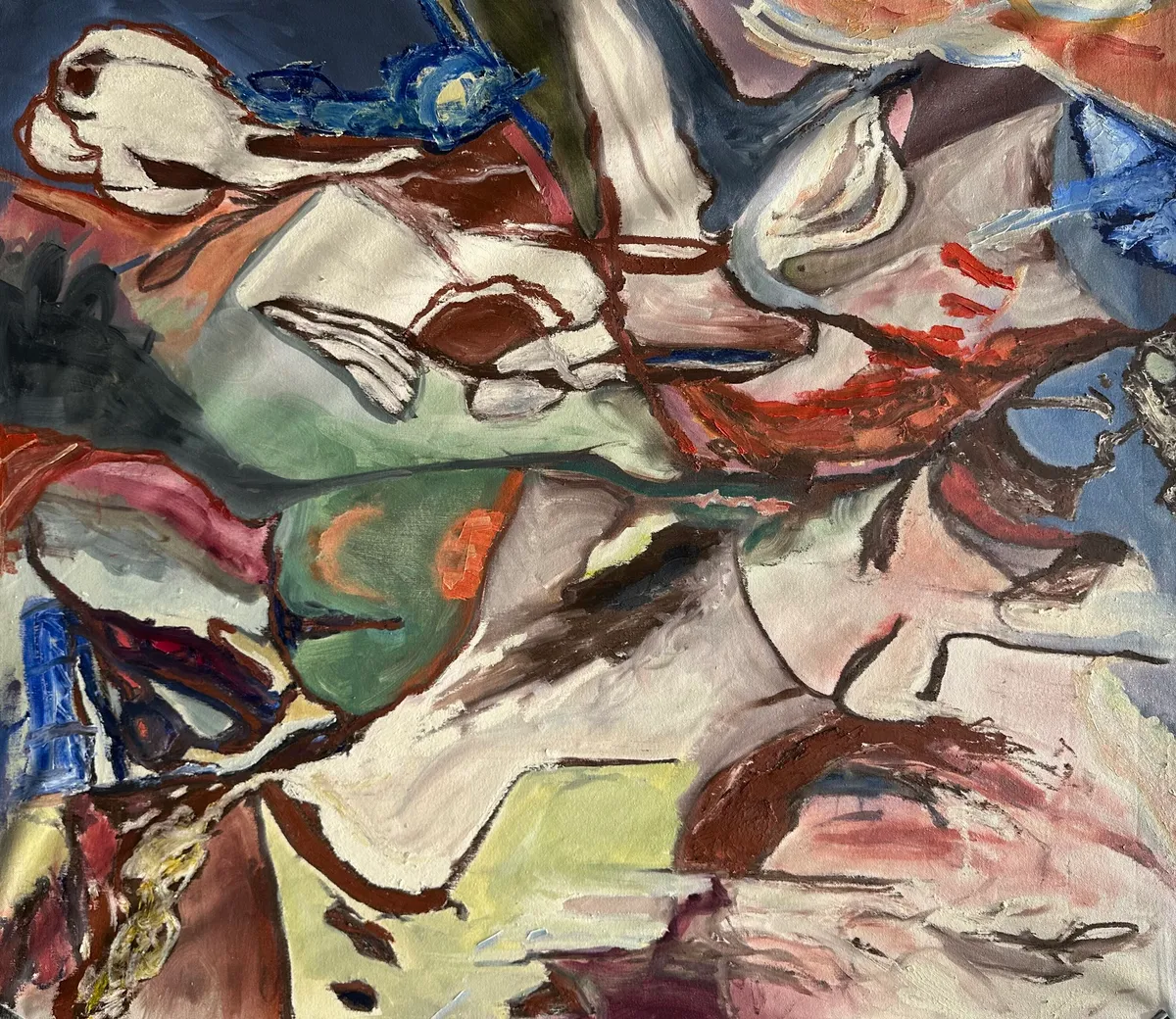 Thick, sculpted folds of cream, brown and rust paint, with touches of blue and green