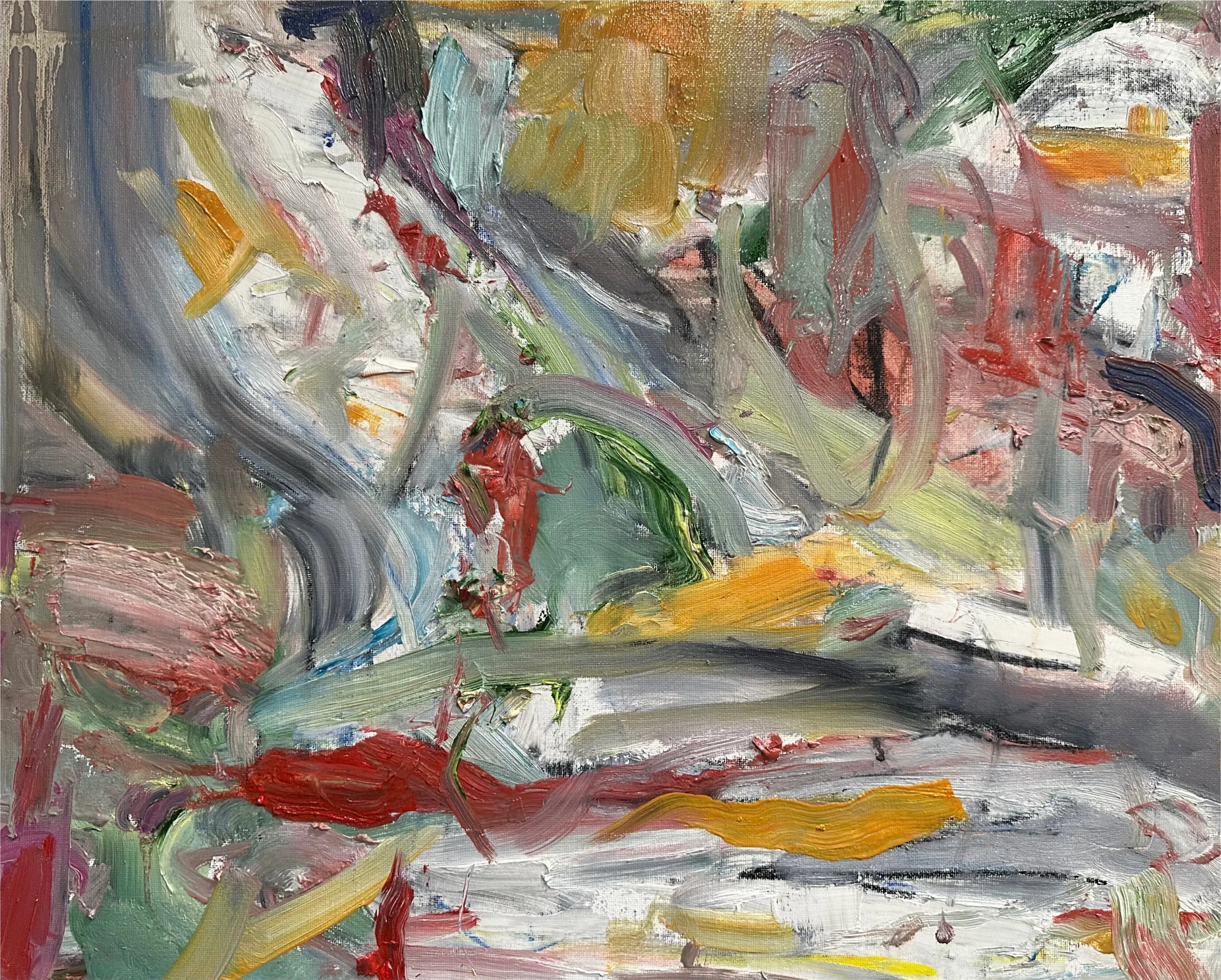 Busy, broken strokes of grey, white, ochre and red, with a dark horizontal streak and a red drip along the bottom