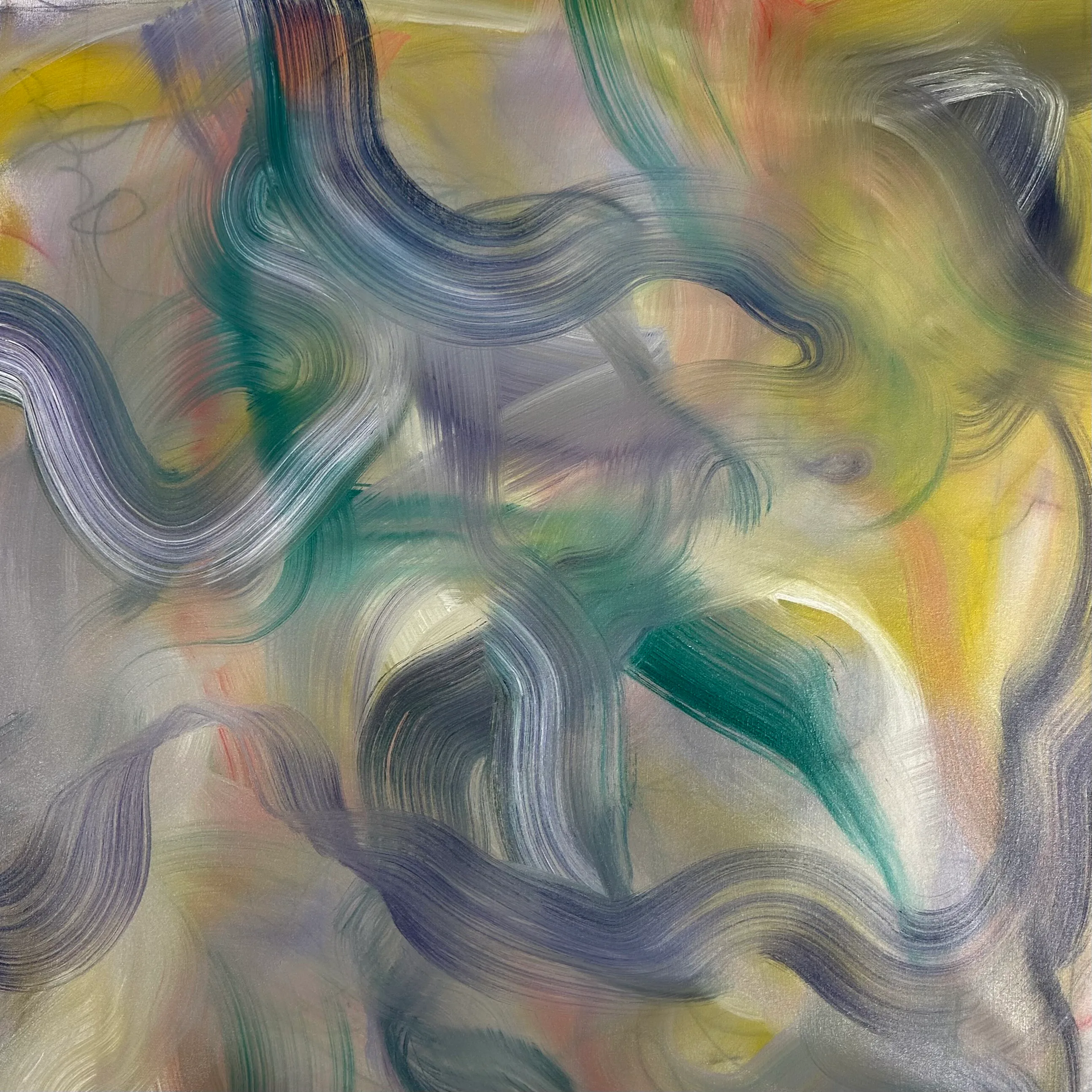 Soft, blurred ribbons of lavender, teal and pale yellow winding across a misty ground