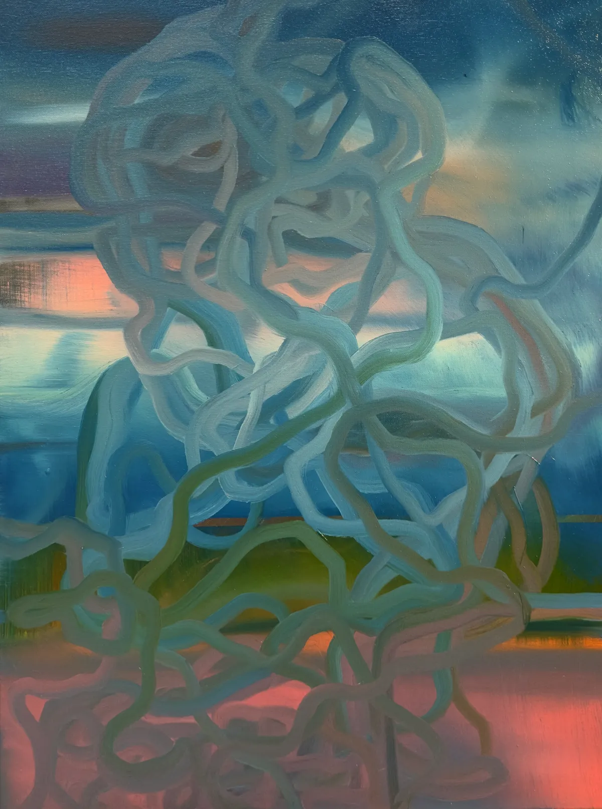 Pale blue looping lines knotted over horizontal bands of blue, green and salmon pink