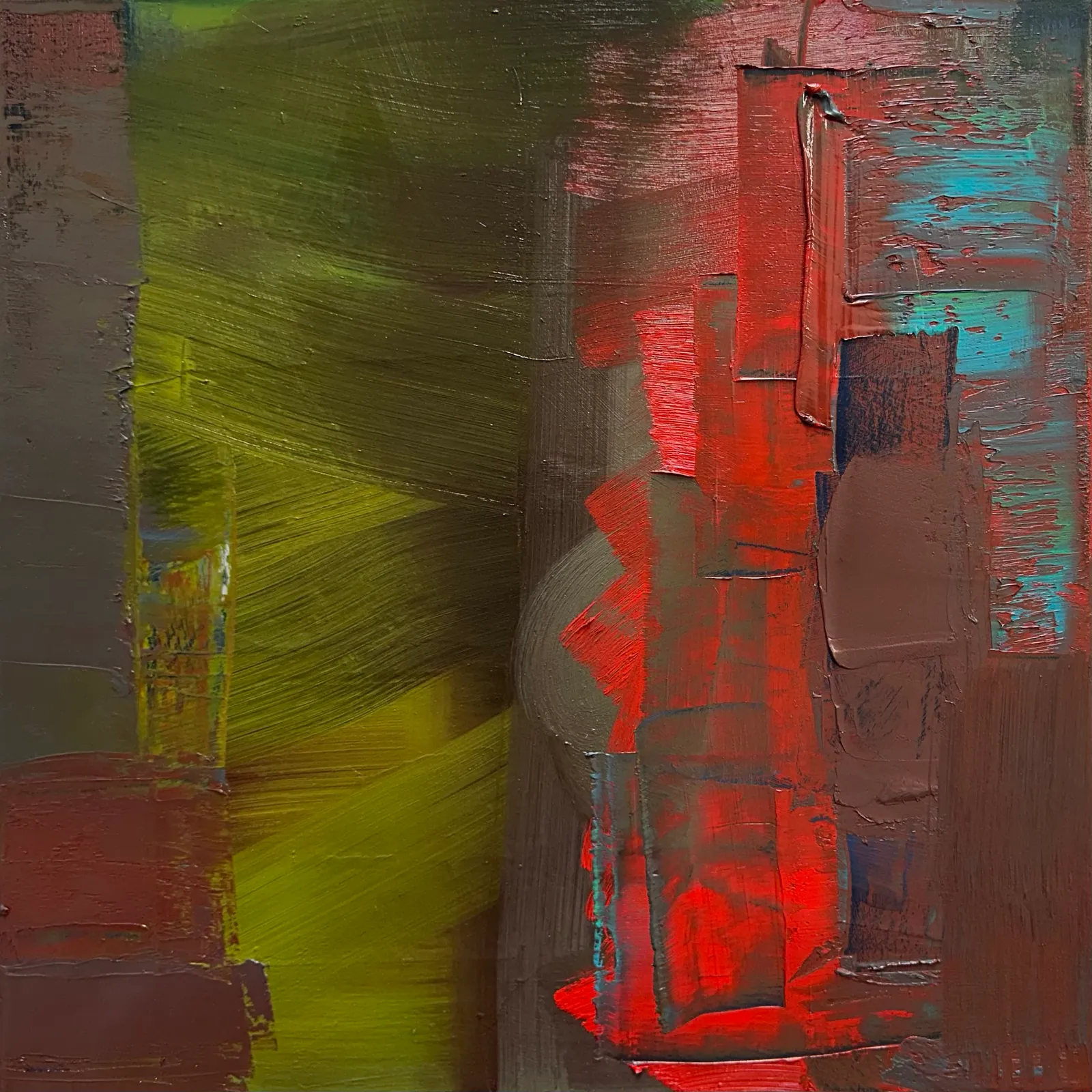 Thick knife-laid slabs of bright red and brown at the right against broad yellow-green brushstrokes, with a touch of turquoise at the top