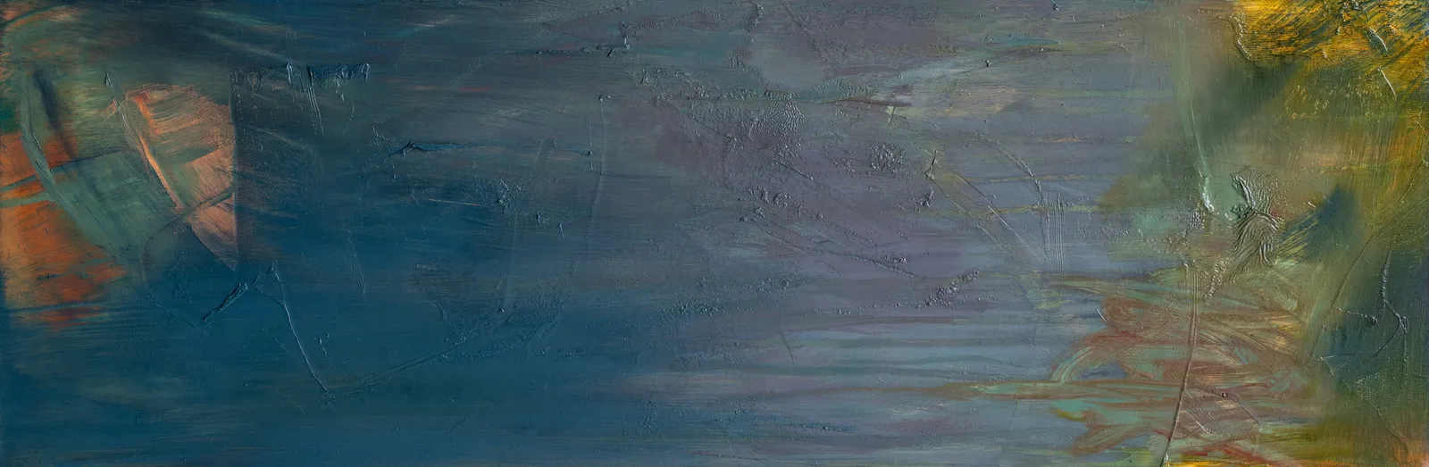 Long canvas of deep blue-green fading to grey at the middle, with rust and green worked into the left end and ochre into the right