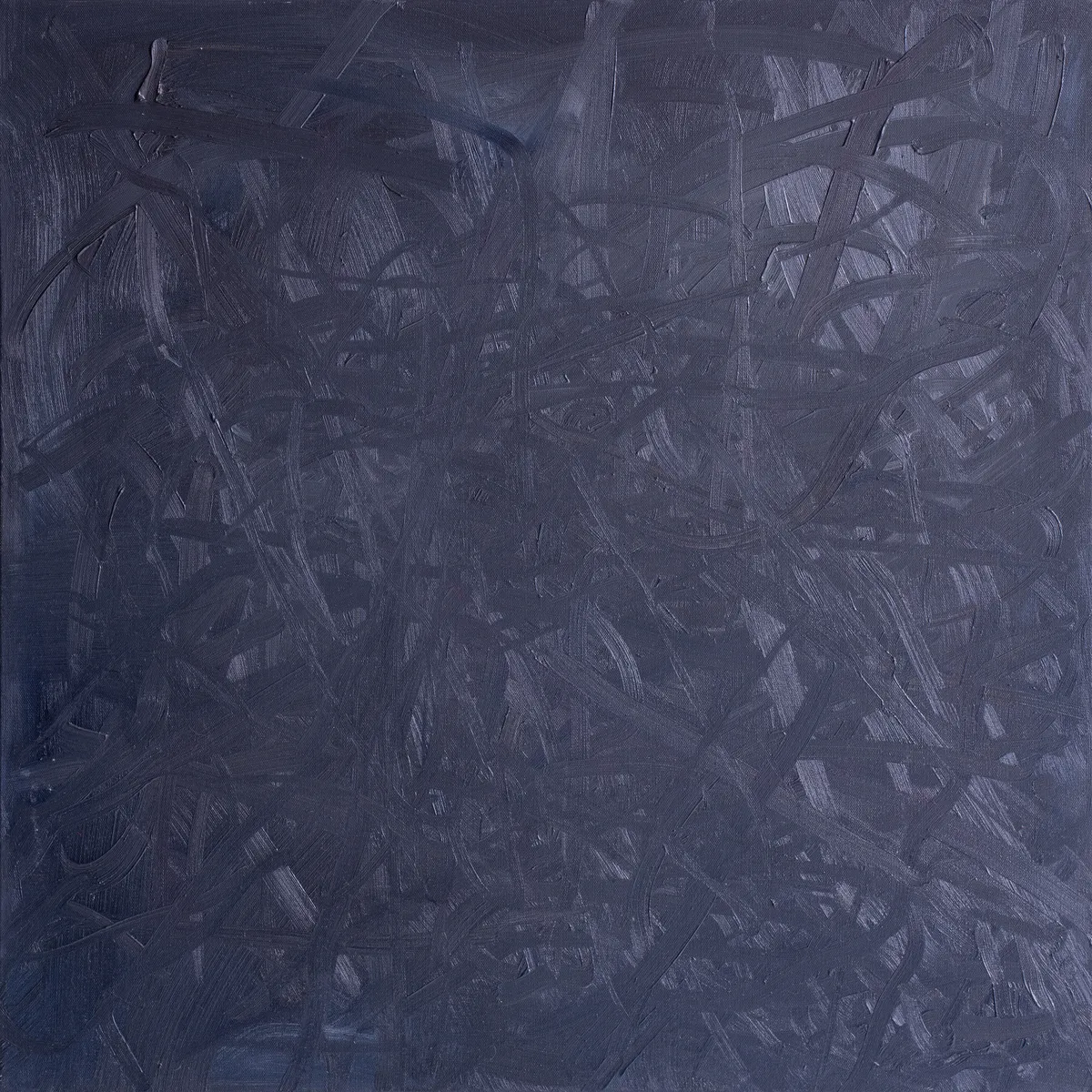 Square canvas of deep blue-black, a dense tangle of looping and crossing brushstrokes that shows only where the light catches their ridges