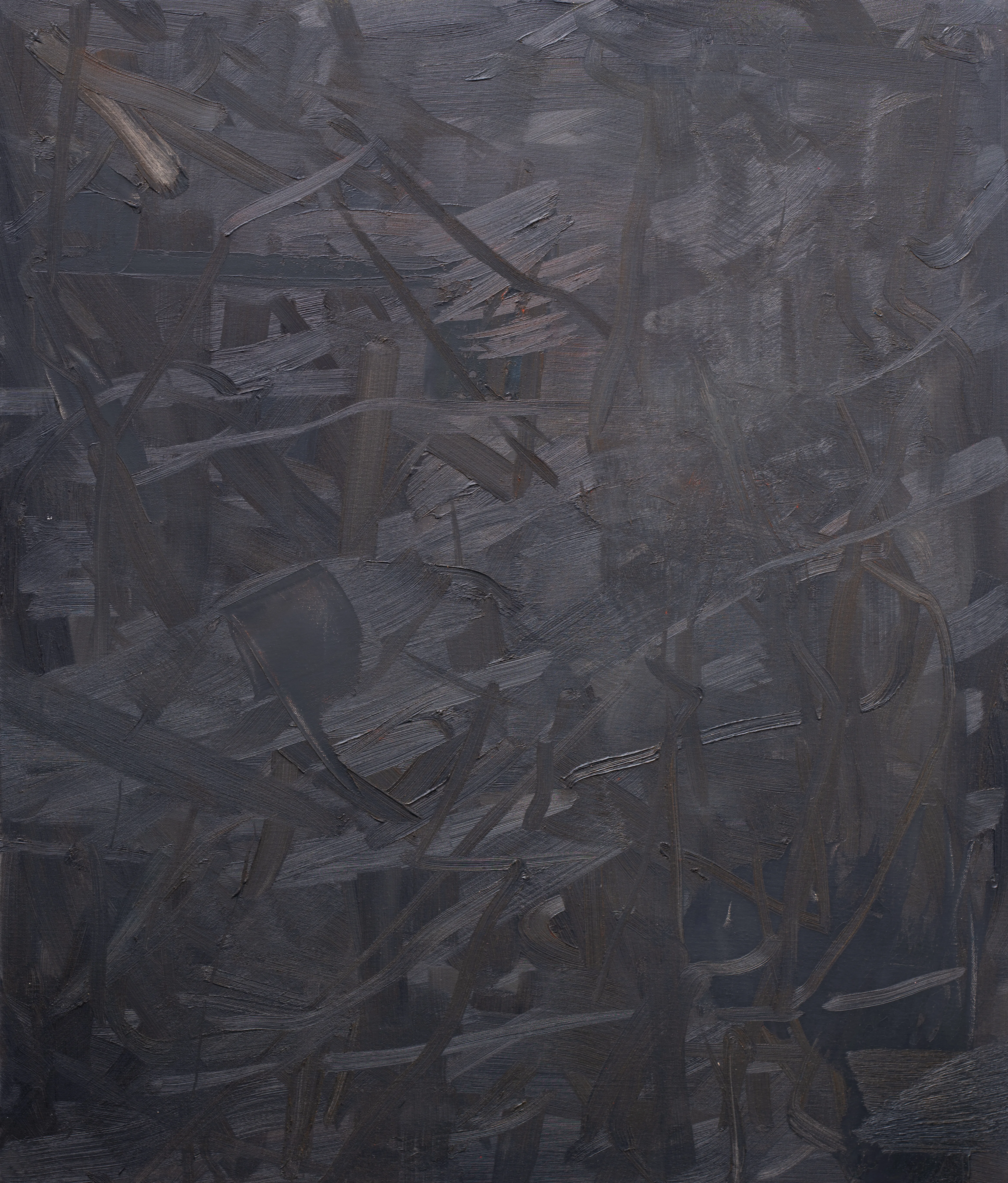 Upright canvas of near-black worked in thick crossing strokes, their ridges catching the light grey, with a single pale fleck at the upper left