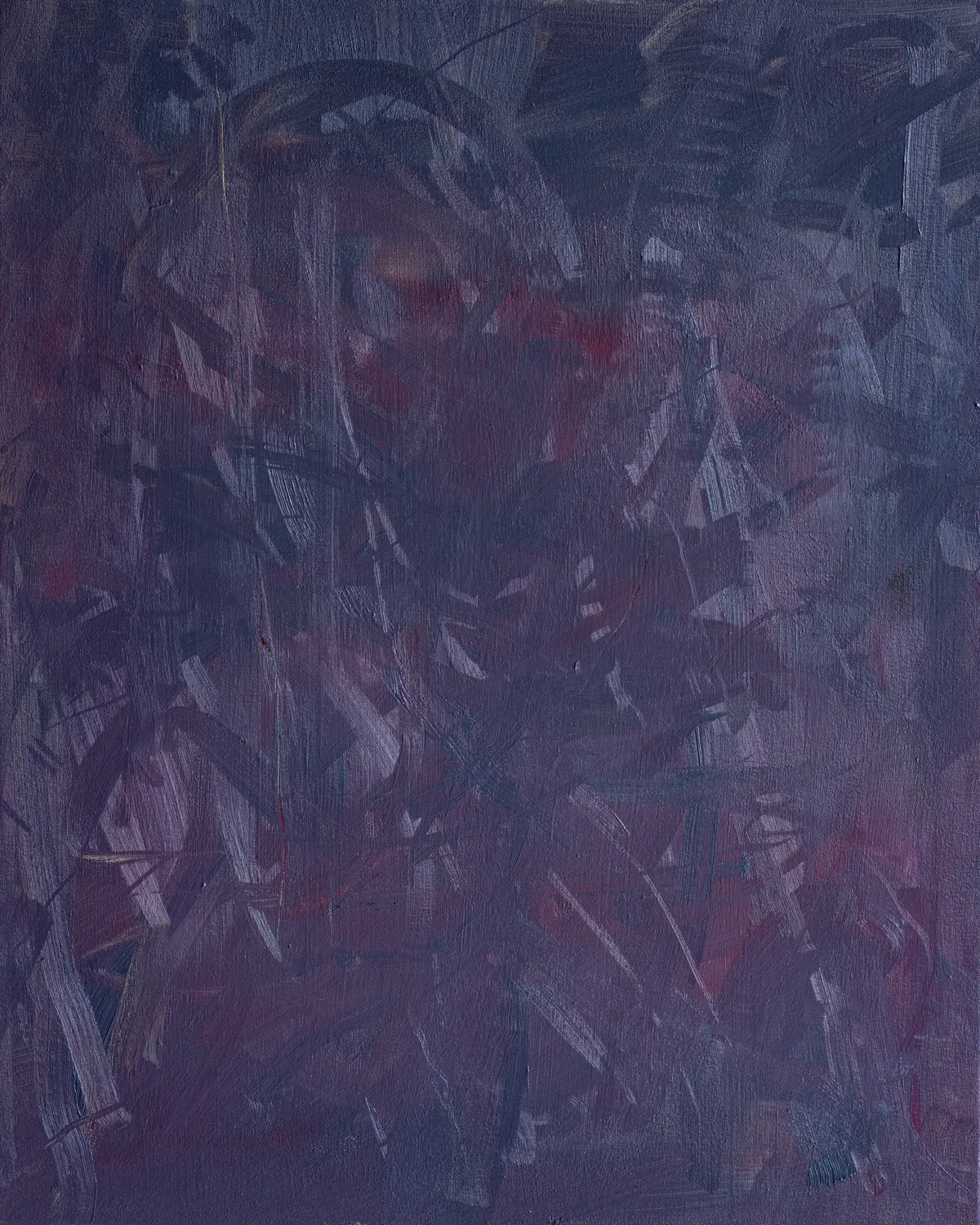 Upright canvas of dusky violet and plum, a thicket of quick crossing strokes with glints of deep red showing through toward the middle