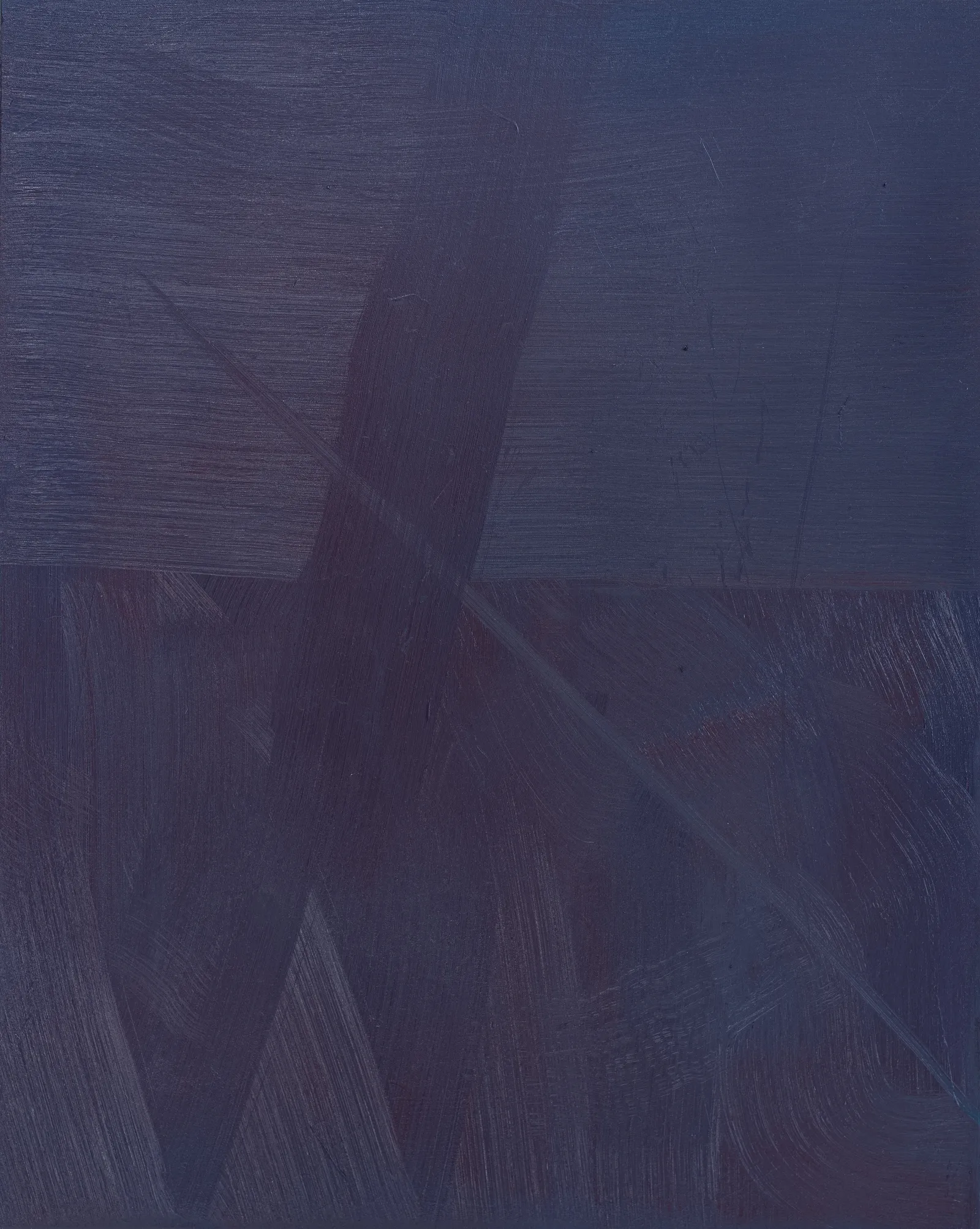 Upright canvas of deep blue-violet split by a faint horizon, a broad dark stroke and a fine diagonal line cutting down across it