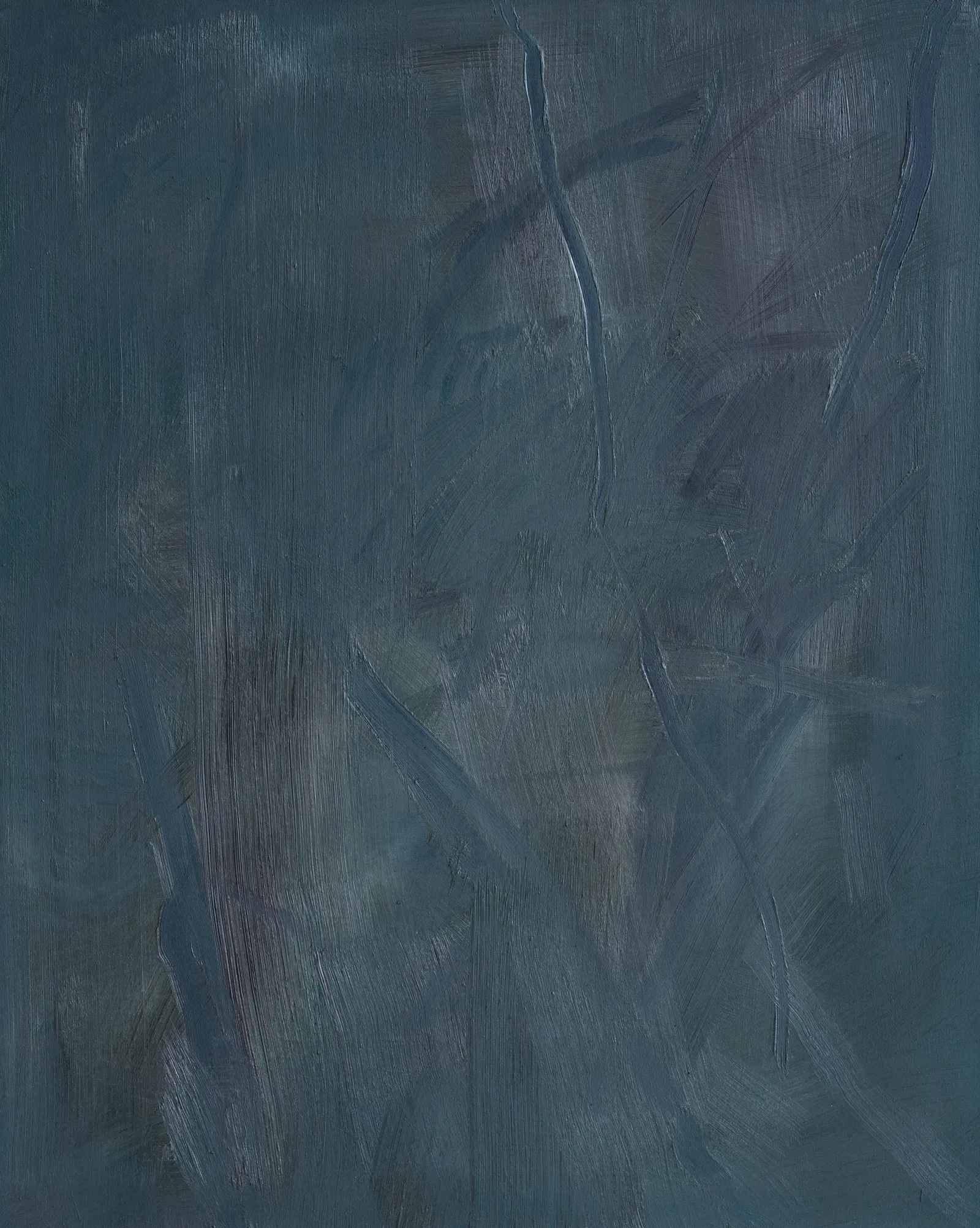 Upright canvas of dark slate green, brushed thinly in vertical strokes with a few raised lines running down through it