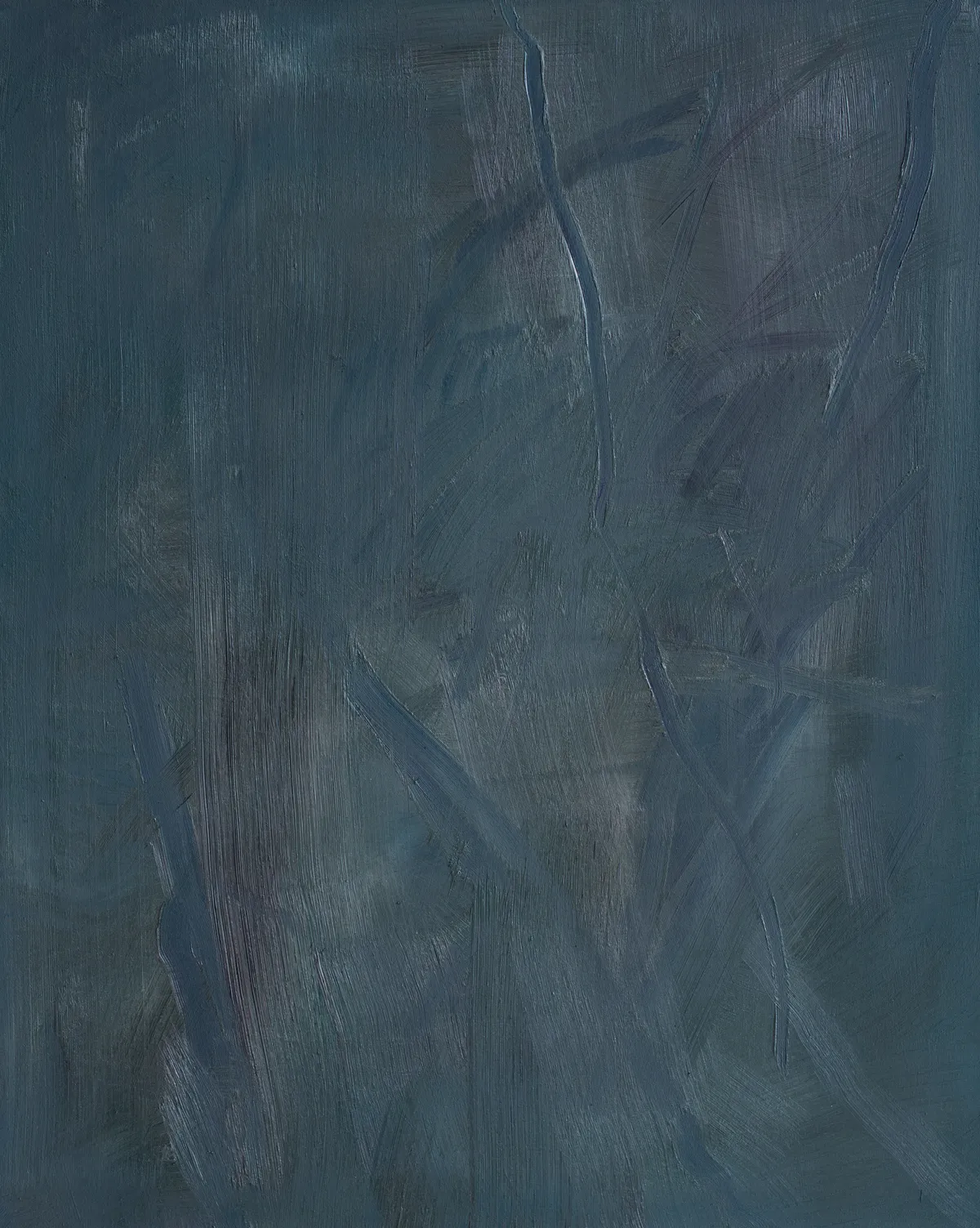 Upright canvas of dark slate green, brushed thinly in vertical strokes with a few raised lines running down through it