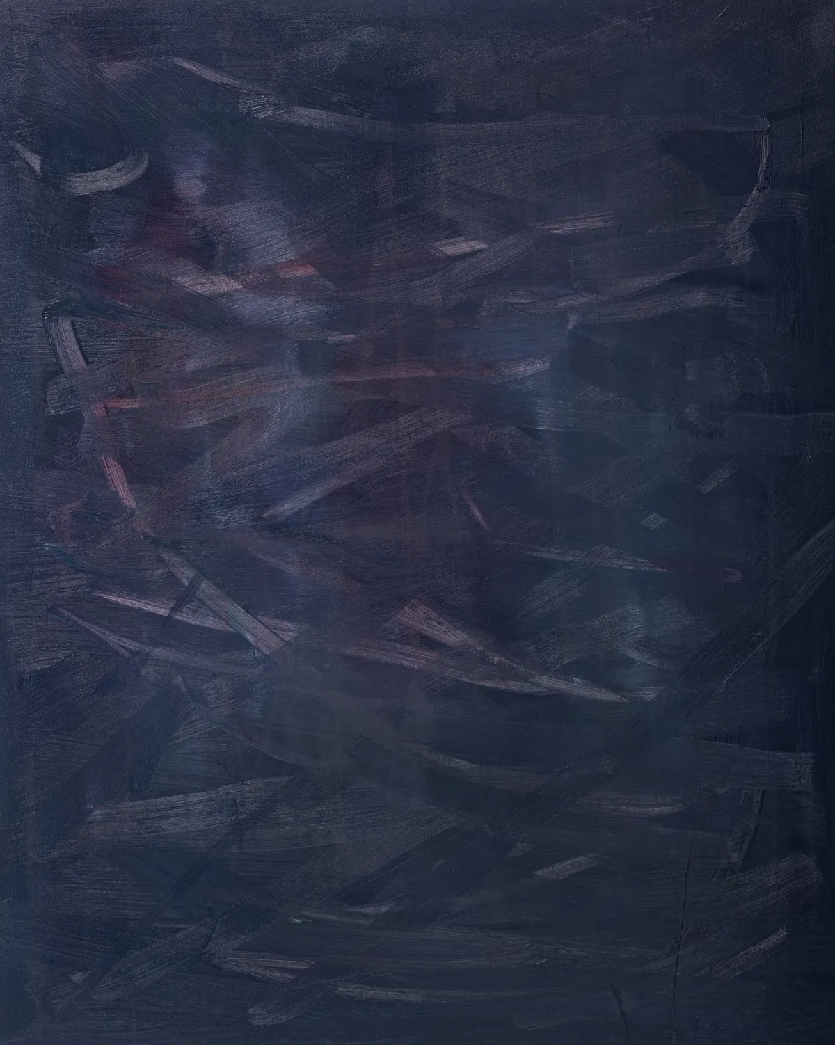 Upright canvas of near-black blue, crowded with slashing strokes running across it that glint violet and rose where the light catches them