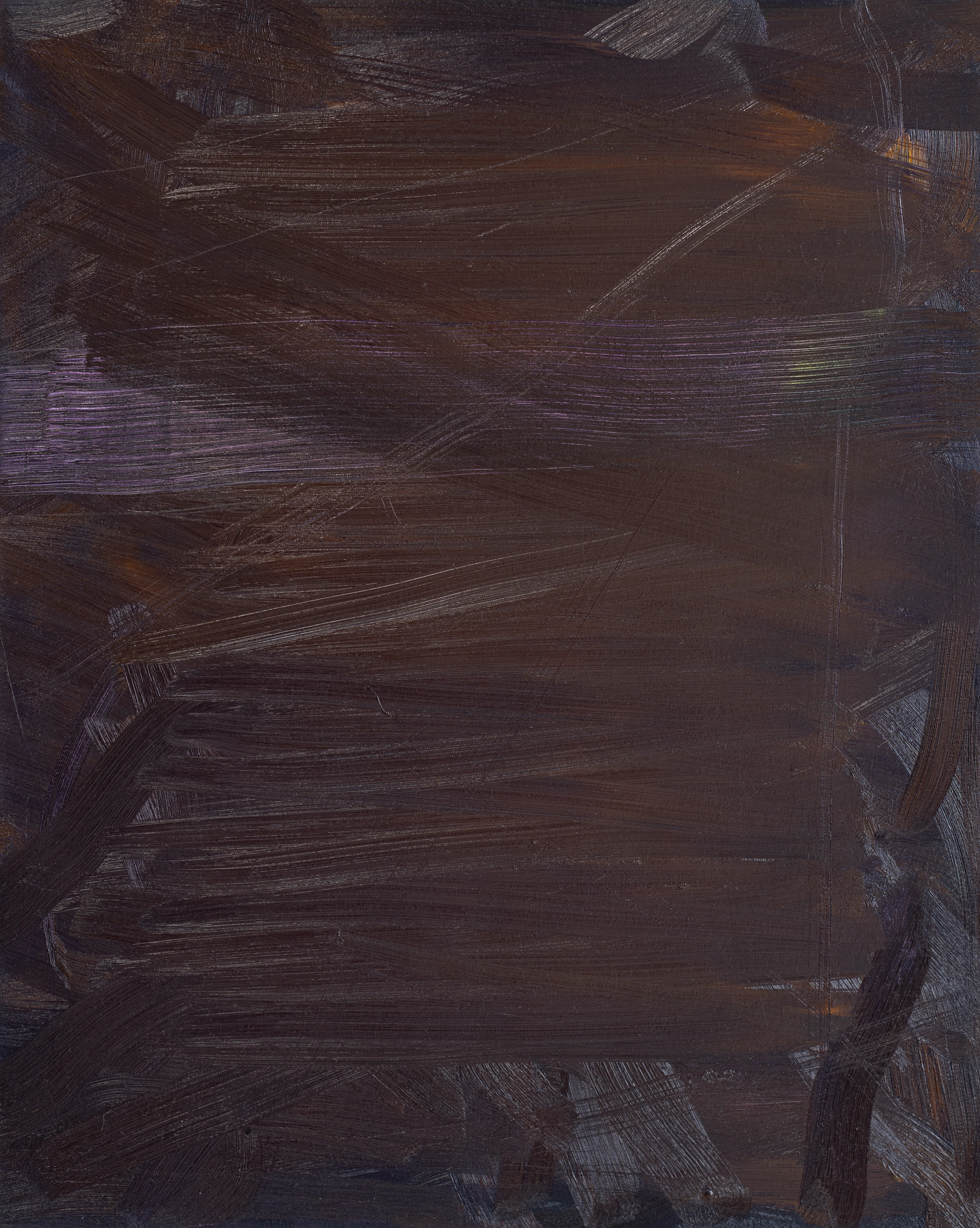 Upright canvas of deep reddish brown laid on in broad horizontal sweeps, ragged violet-grey strokes showing at the edges